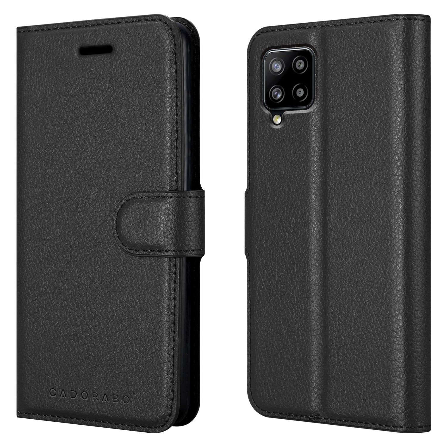 Una custodia per telefono in pelle nera, aperta e chiusa, con una chiusura magnetica e una superficie strutturata.