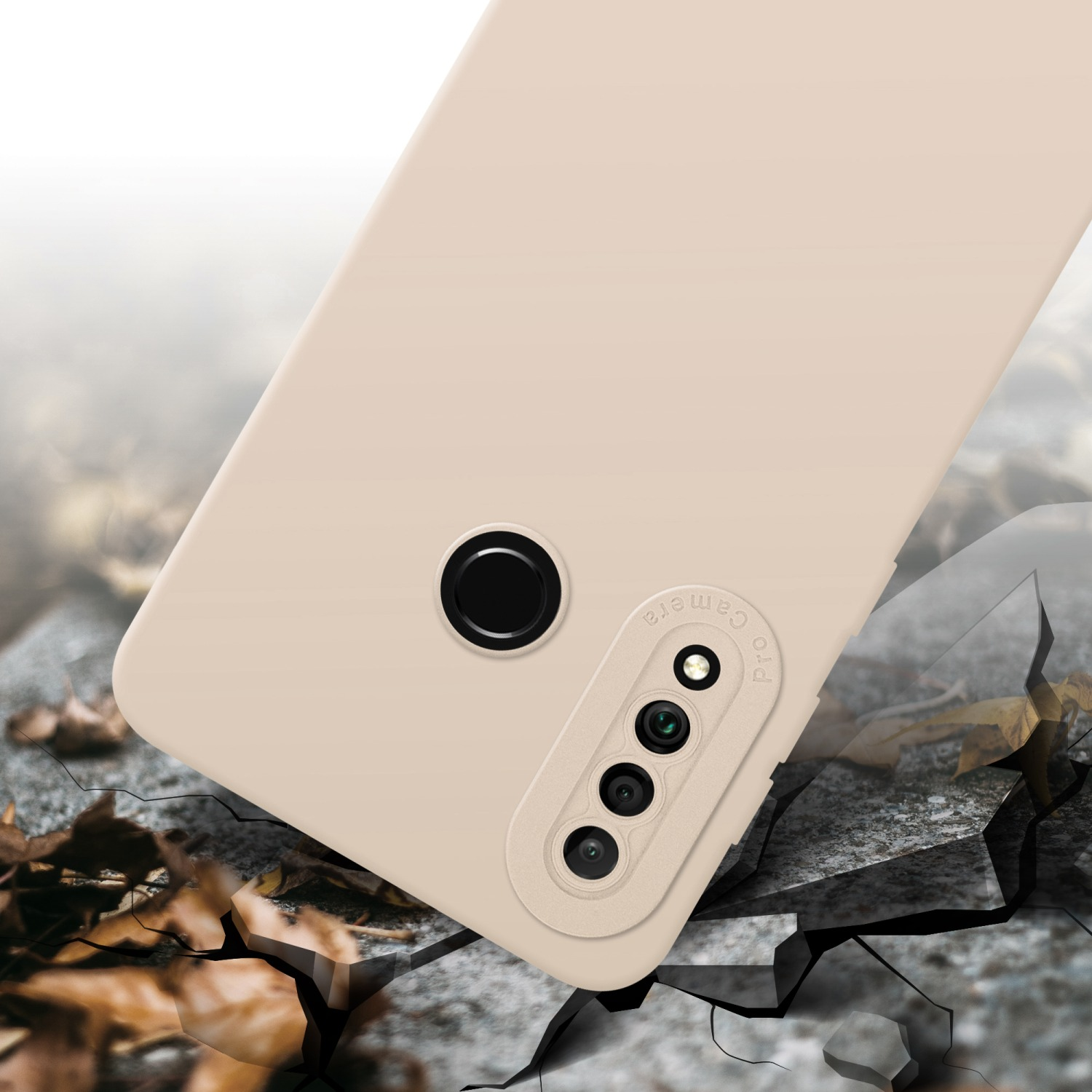 Custodia del telefono con modulo fotocamera. La custodia è beige e ha più lenti.