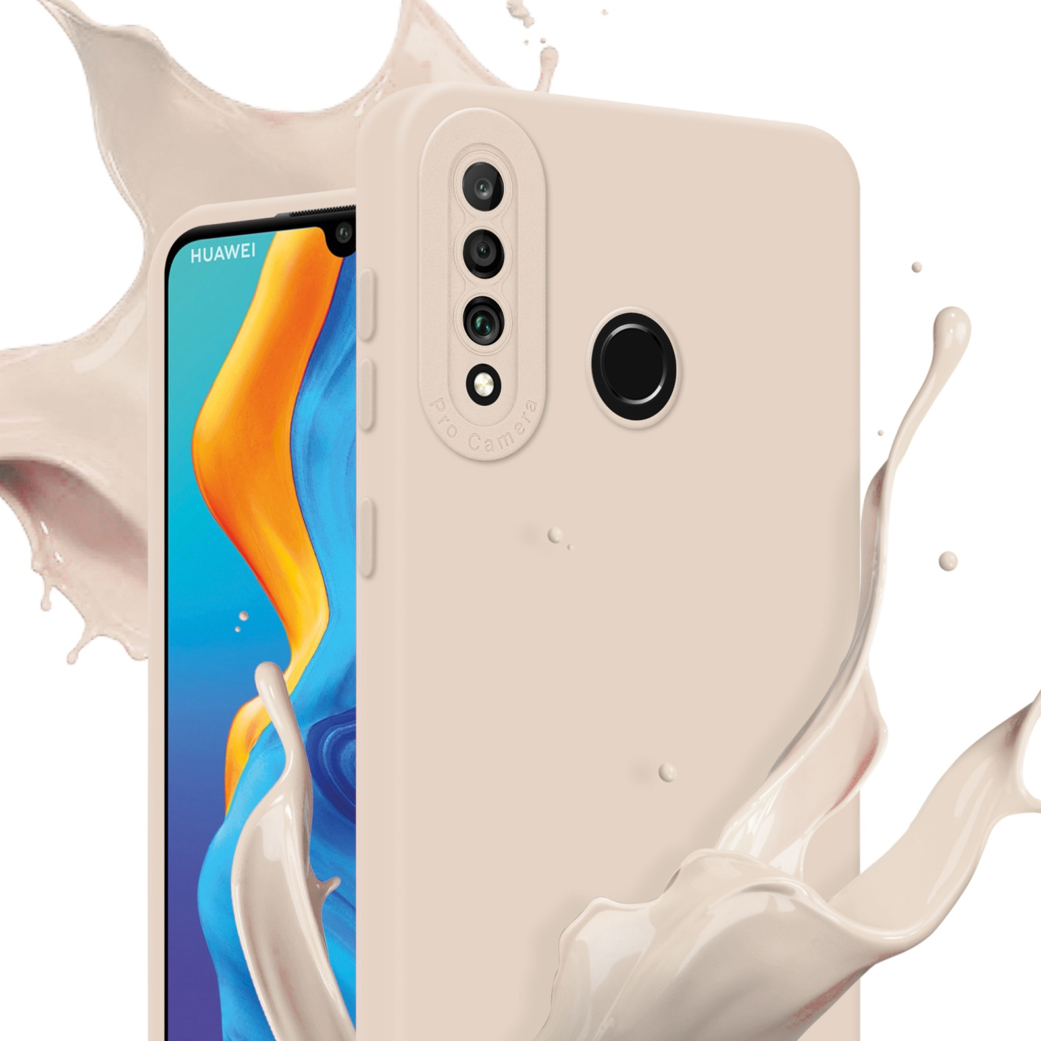 Custodia per telefono con telefono che mostra lo schermo. Beige chiaro con spruzzo di crema.