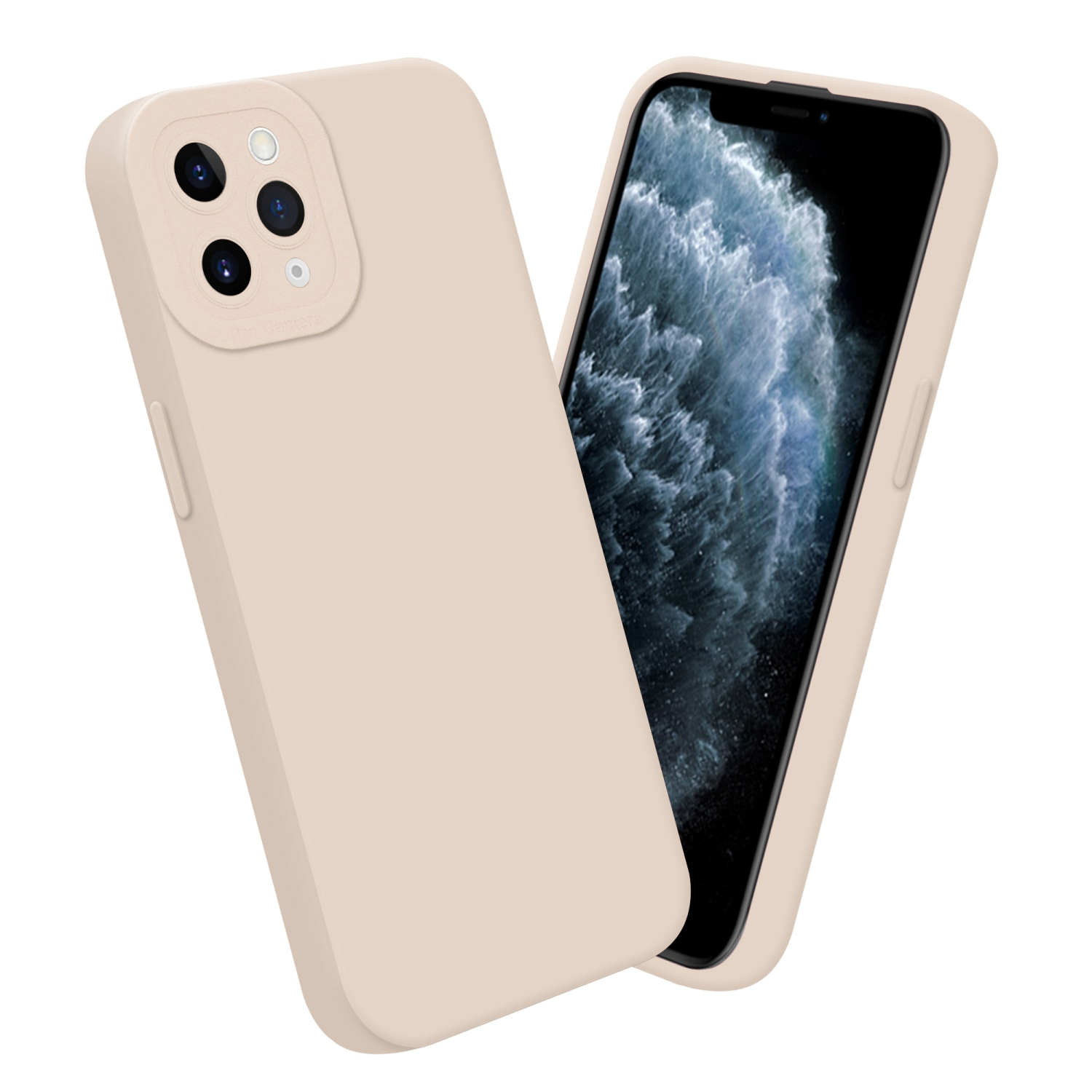 Due custodie per telefono beige, una con telefono all'interno, che mostra la sporgenza della fotocamera.