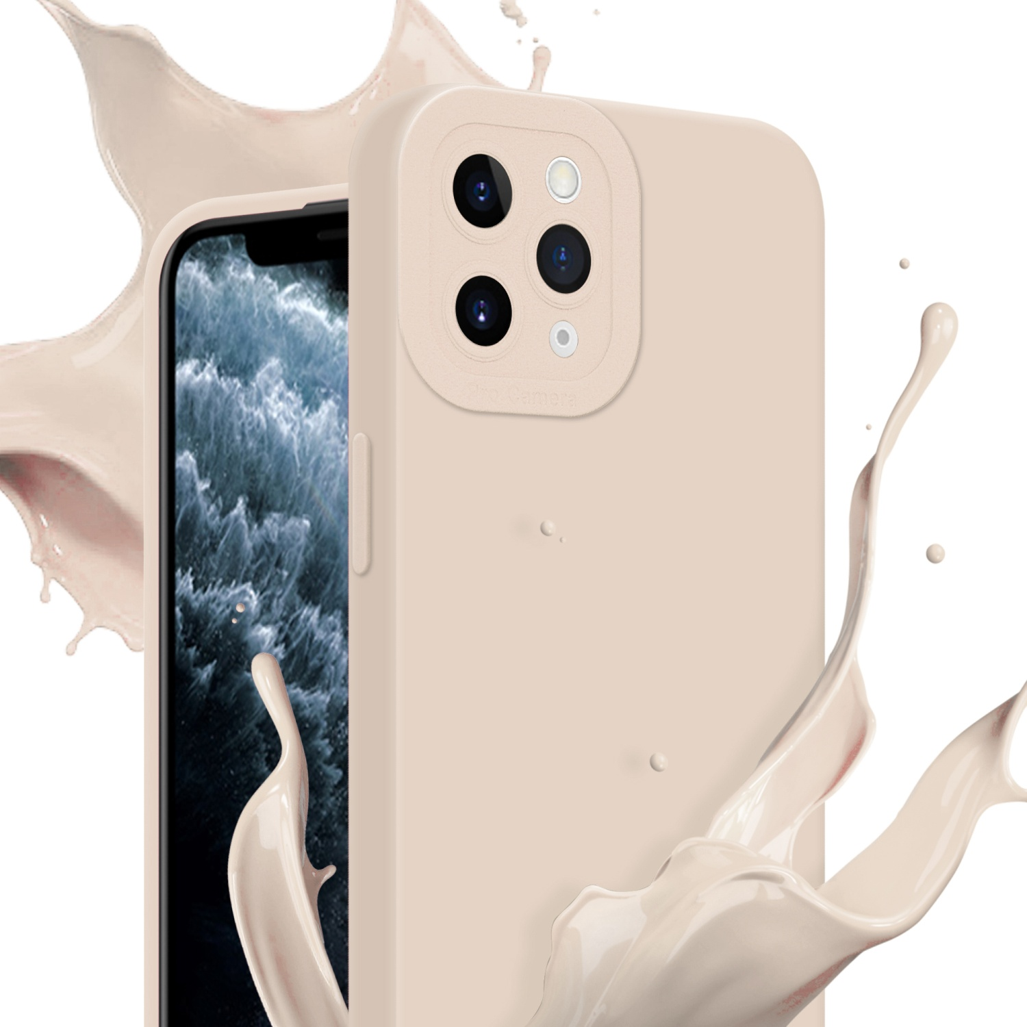 Primo piano di una custodia beige con telefono all'interno, circondata da uno spruzzo di liquido.