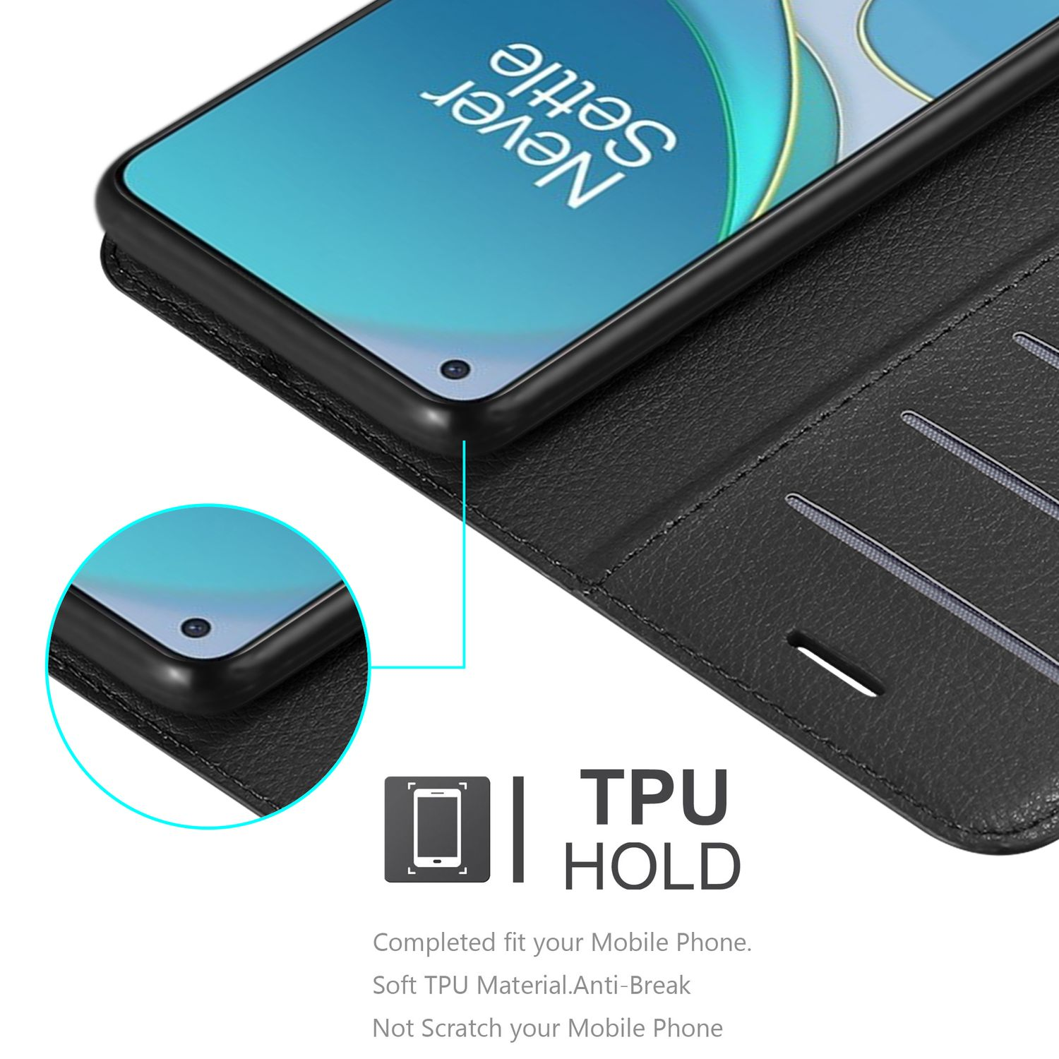 Custodia nera per telefono che tiene un telefono. Mostra i dettagli del testo TPU HOLD e del telefono.