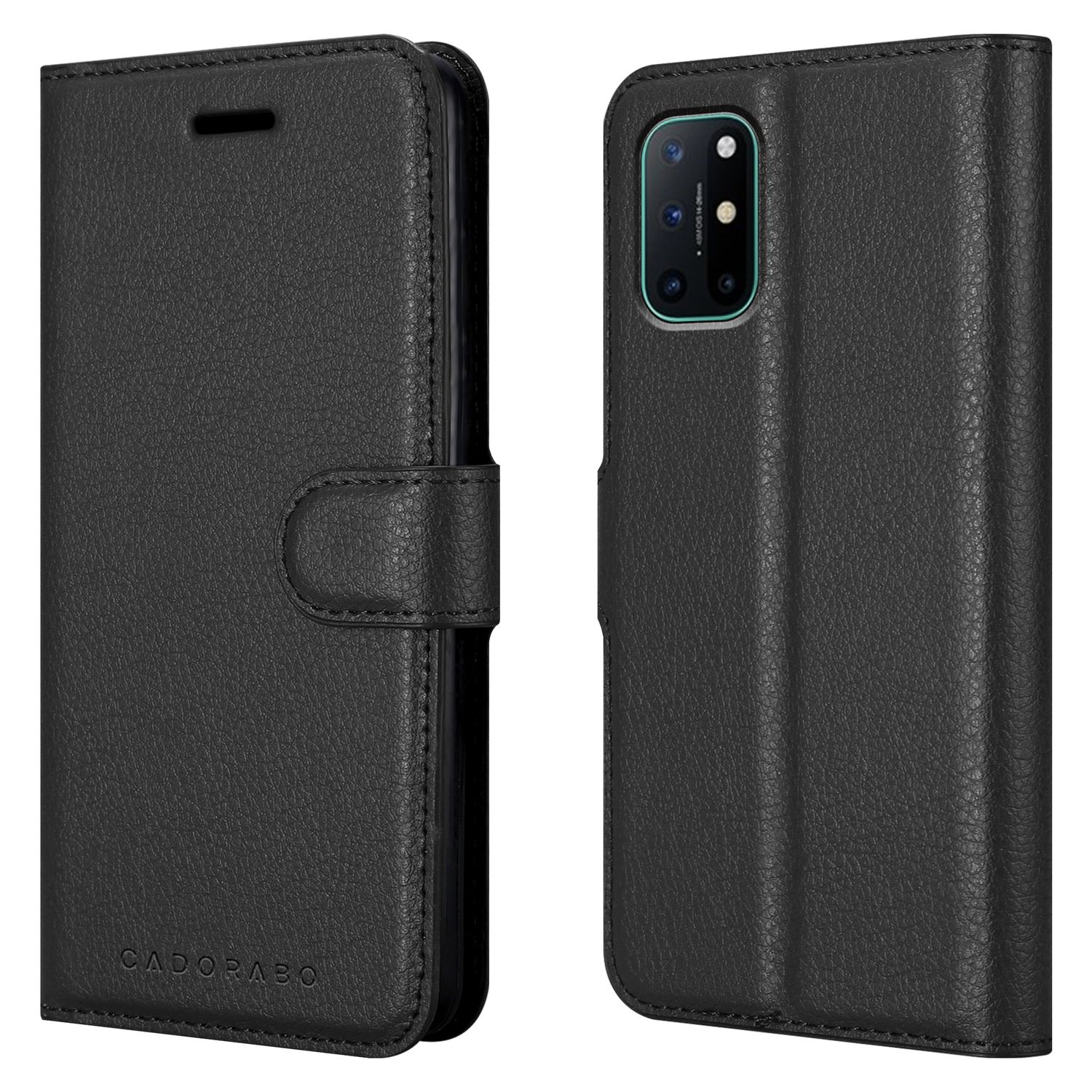 Una custodia per telefono in pelle nera chiusa con chiusura magnetica e il retro del telefono con fotocamere.