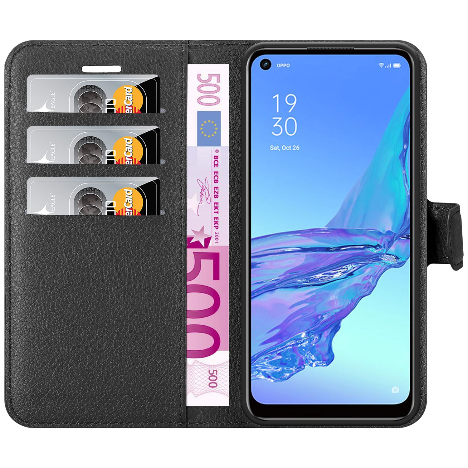 Una custodia per telefono nera con fessure per carte di credito e un telefono che mostra un menu.