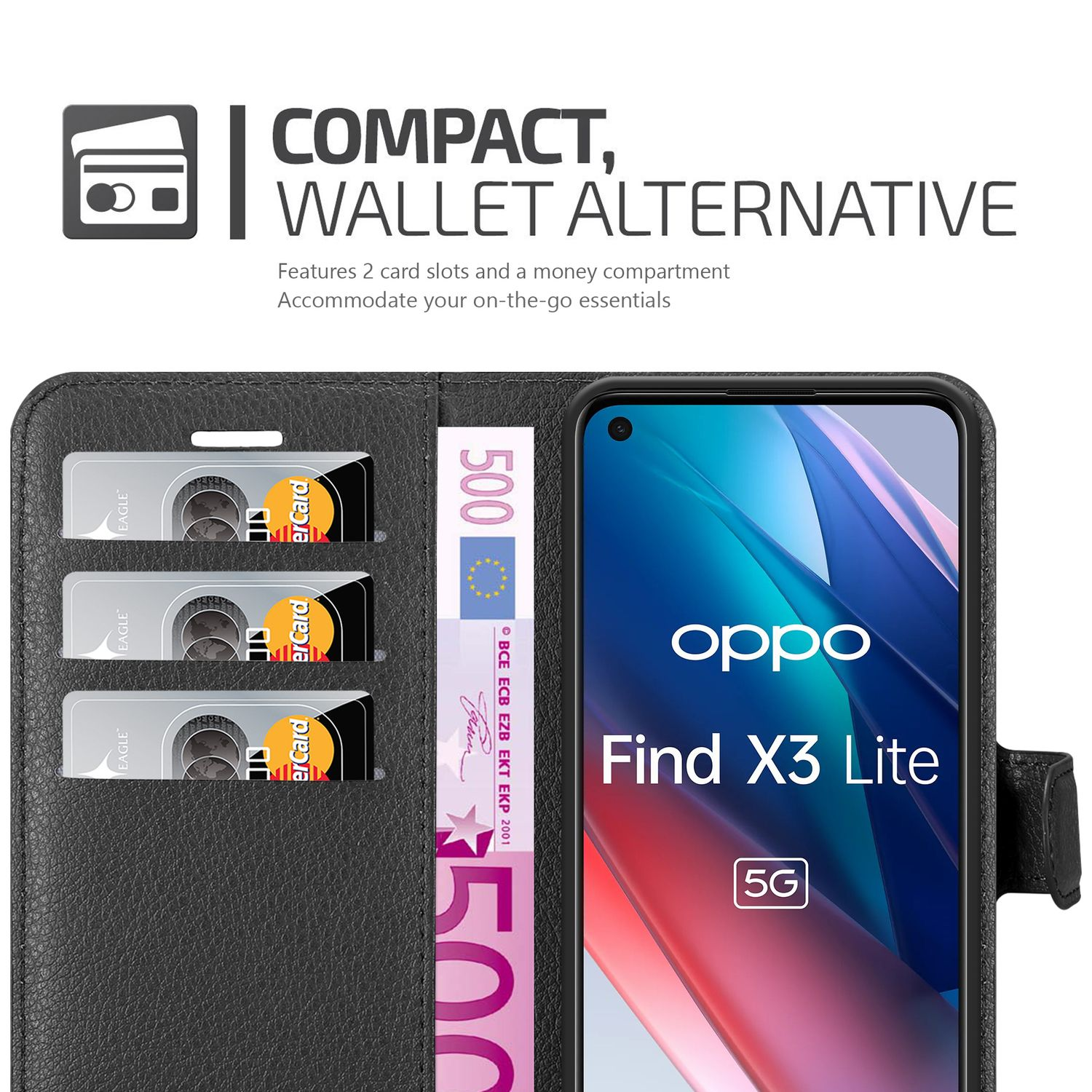Custodia nera con slot per carte, banconota da 500 euro e telefono Oppo Find X3 Lite.