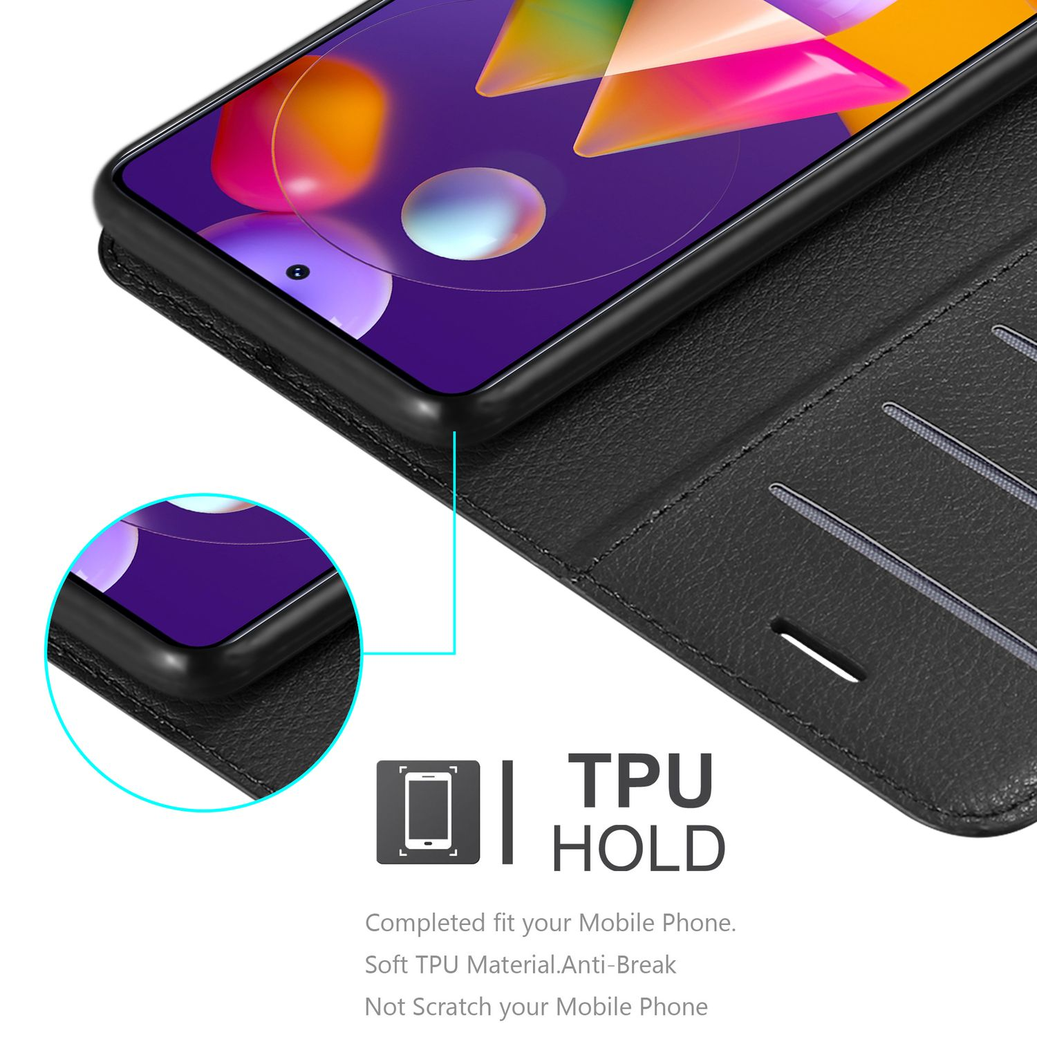 Custodia nera per telefono con telefono all'interno, primo piano del bordo e logo TPU HOLD.