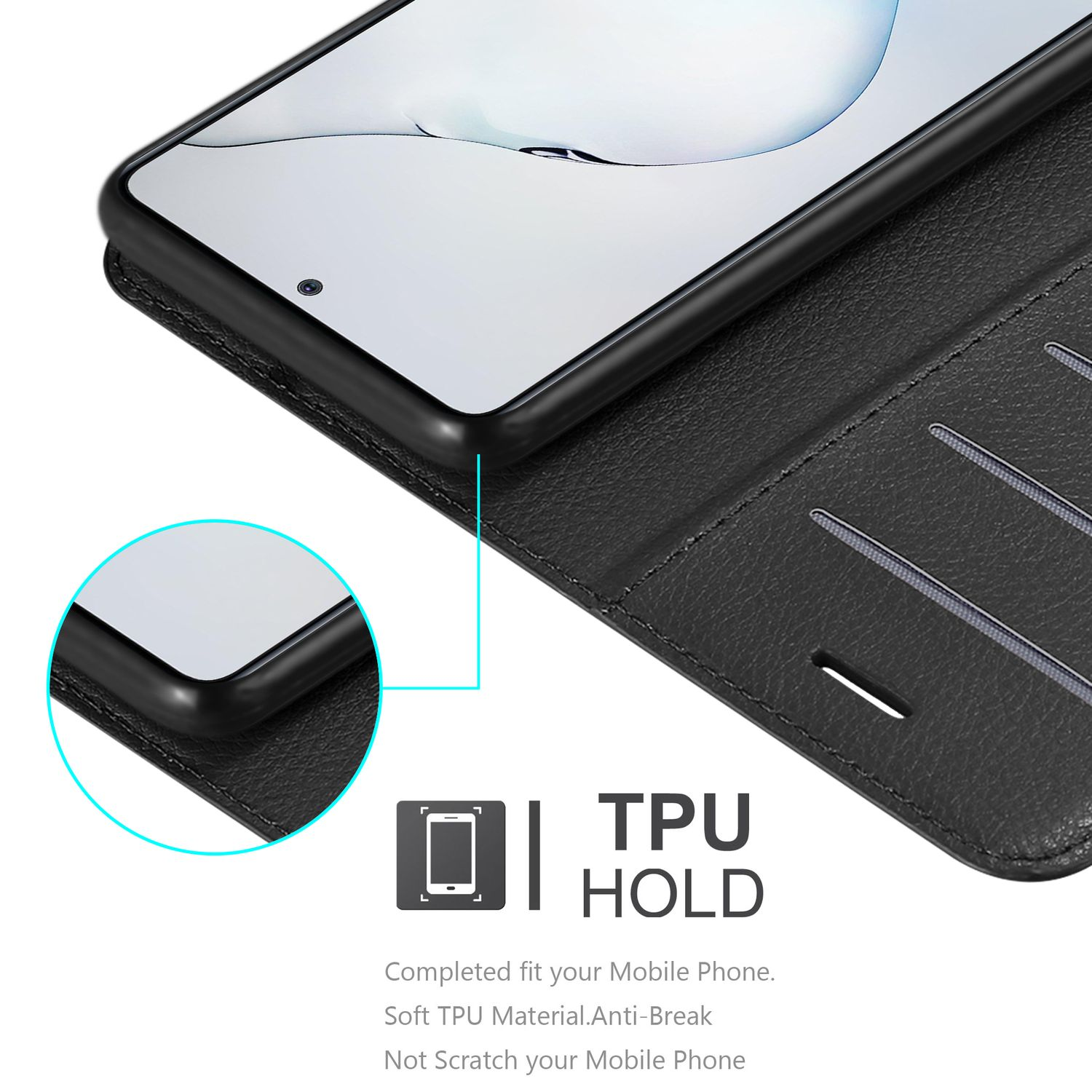 Una custodia per telefono nera aperta, con un telefono all'interno. Ha fessure per carte e un'etichetta TPU HOLD.