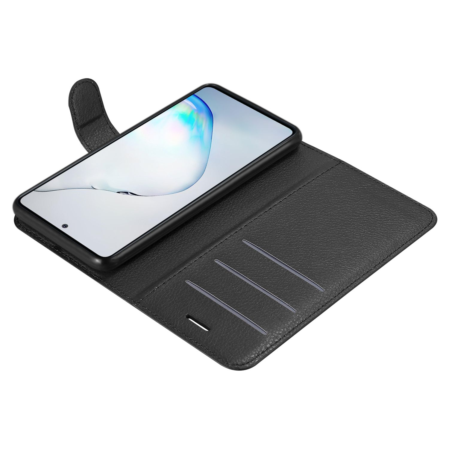 Telefono nero in una custodia in pelle nera, aperto, mostra schermo e fessure per carte.