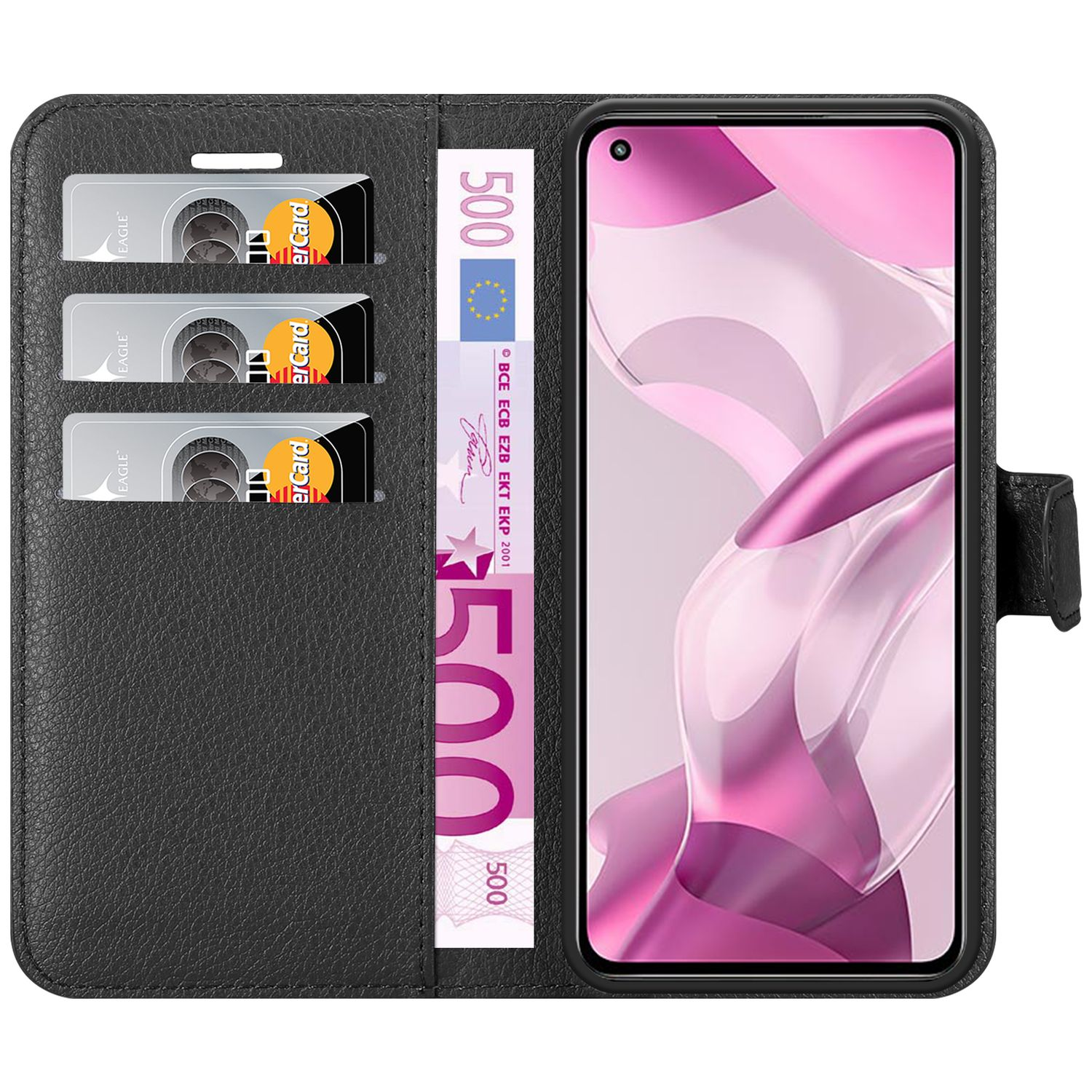 Custodia nera con carte e banconota da 500 euro. Lo schermo mostra un design astratto rosa.
