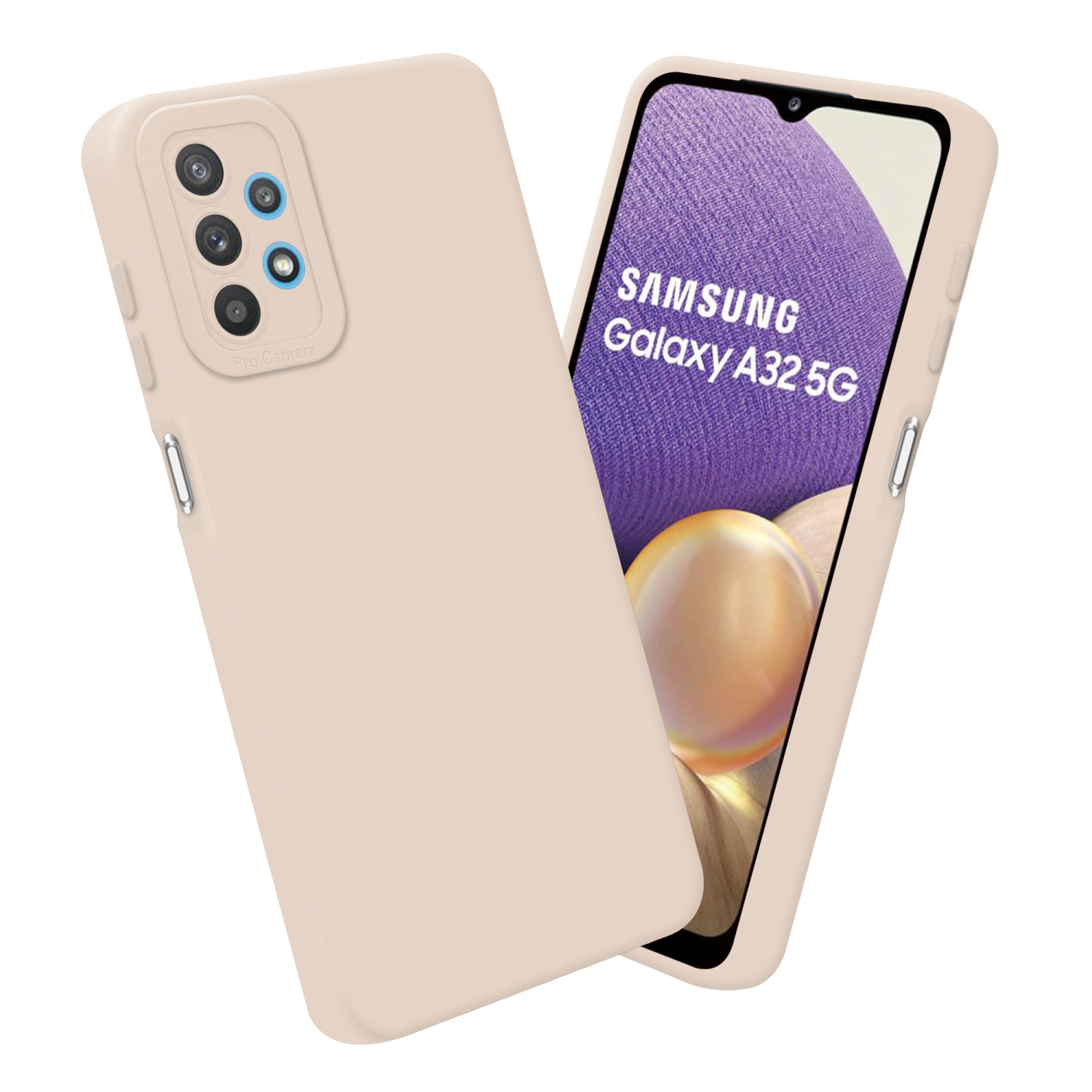 Coque de téléphone beige avec téléphone. Le téléphone affiche Samsung Galaxy A32 5G.