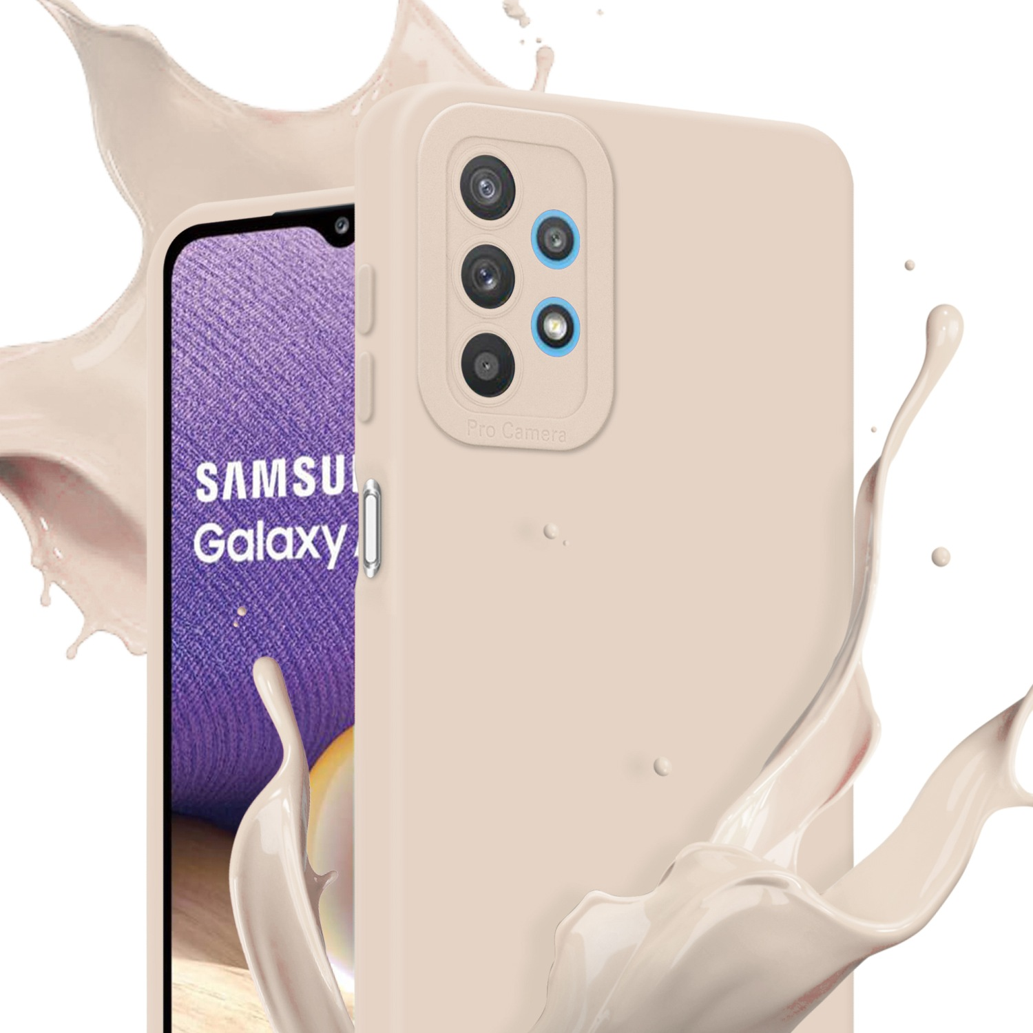 Un téléphone dans un étui marron clair avec des éclaboussures de liquide. Le téléphone a 3 caméras.
