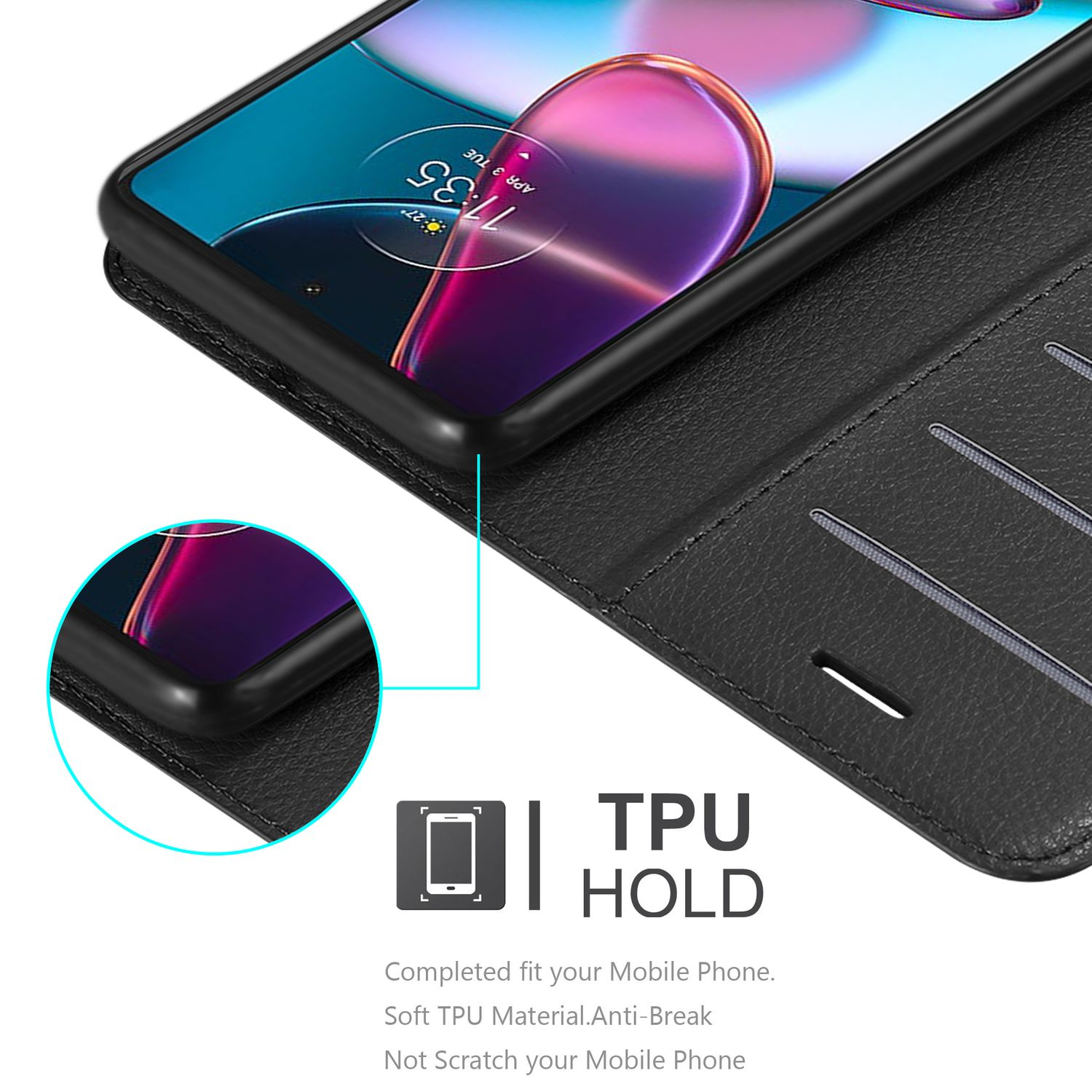 Custodia nera con telefono dentro e testo sul supporto TPU.