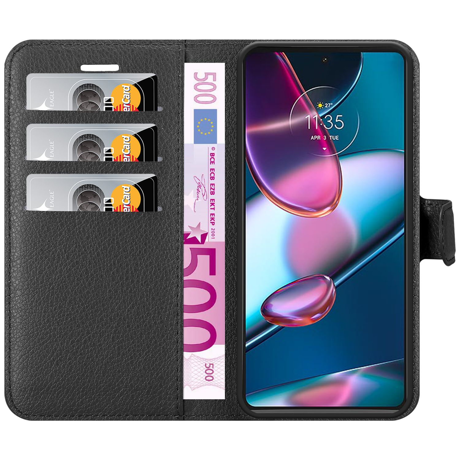 Custodia per telefono in pelle nera aperta con telefono, carte e denaro all'interno.
