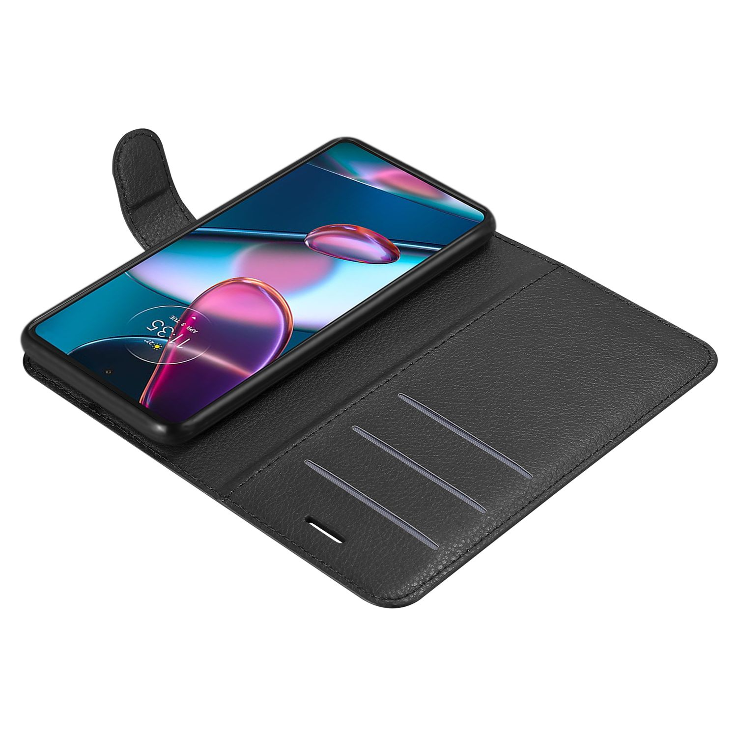 Un telefono nero in una custodia a libro nera è aperto per rivelare il telefono e tre slot per schede.
