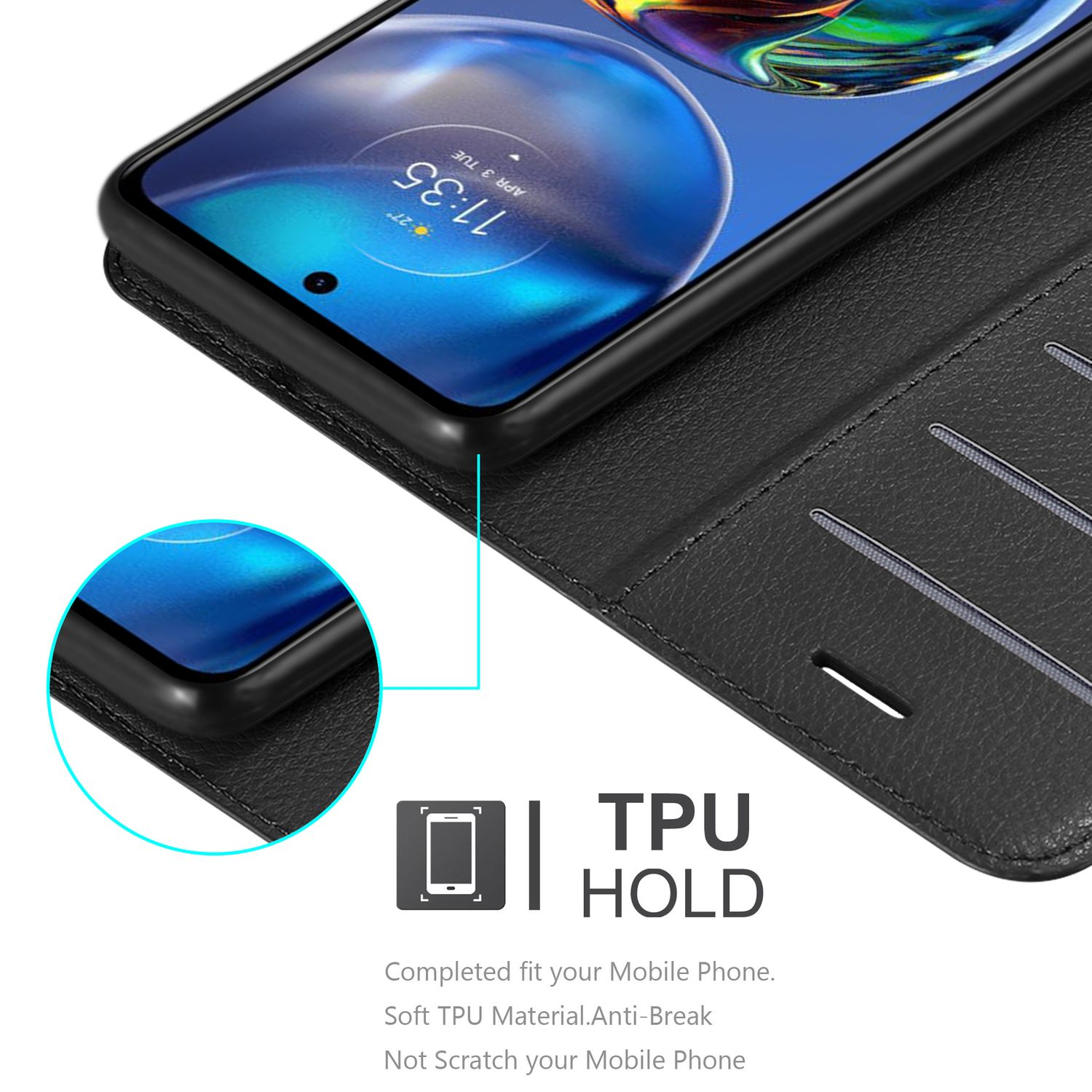 Custodia per telefono nera, aperta. Telefono con schermo acceso, che mostra un orologio. Testo: TPU HOLD, Vestibilità perfetta.