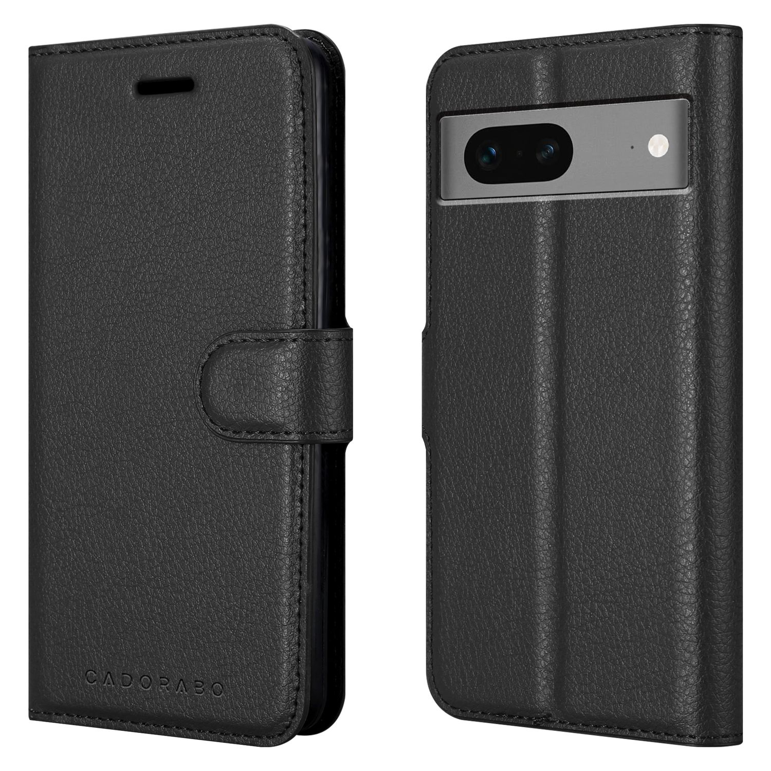 Eine schwarze Leder-Handyhülle, offen und geschlossen, mit Cadorabo-Markenaufdruck.