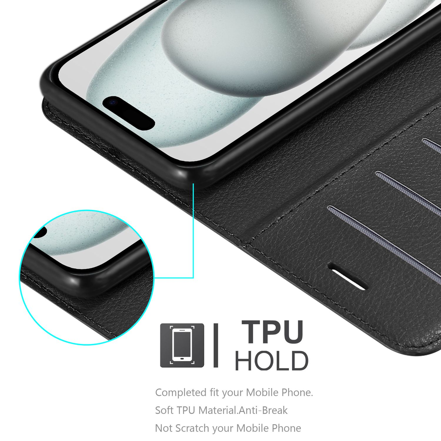 Un telefono in una custodia nera, che mostra la funzione di supporto in TPU e il design della custodia.