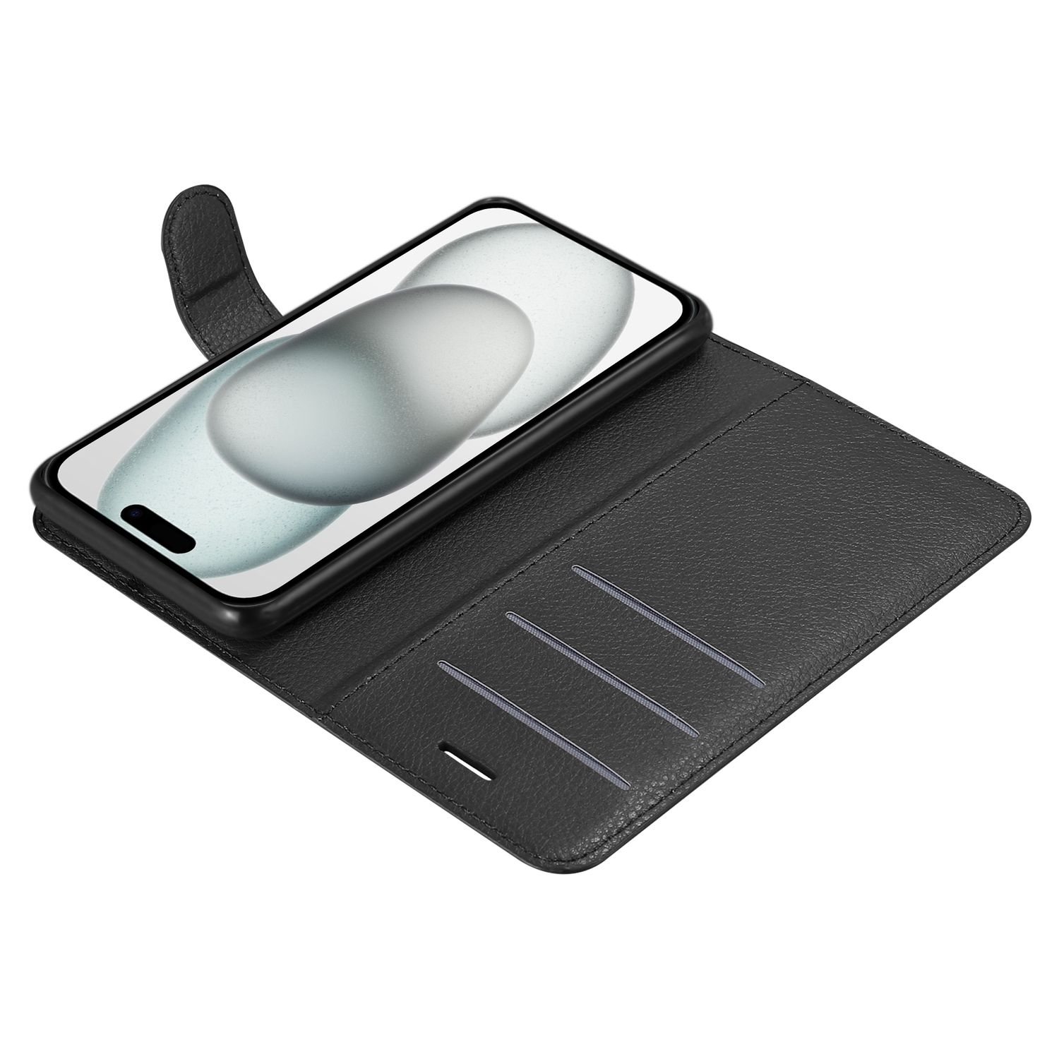 Smartphone nero in una custodia in pelle nera, aperto per rivelare gli slot per schede, sfondo bianco.