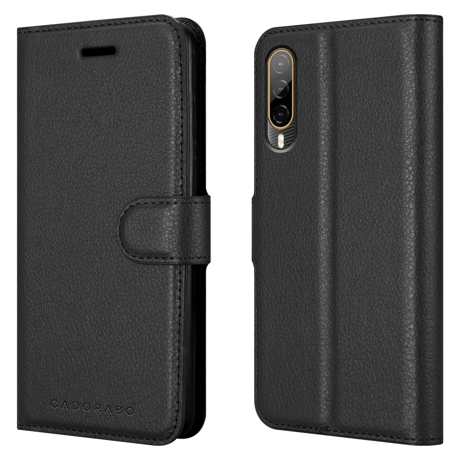 Custodia nera per telefono, aperta e chiusa, che mostra un telefono con più fotocamere.