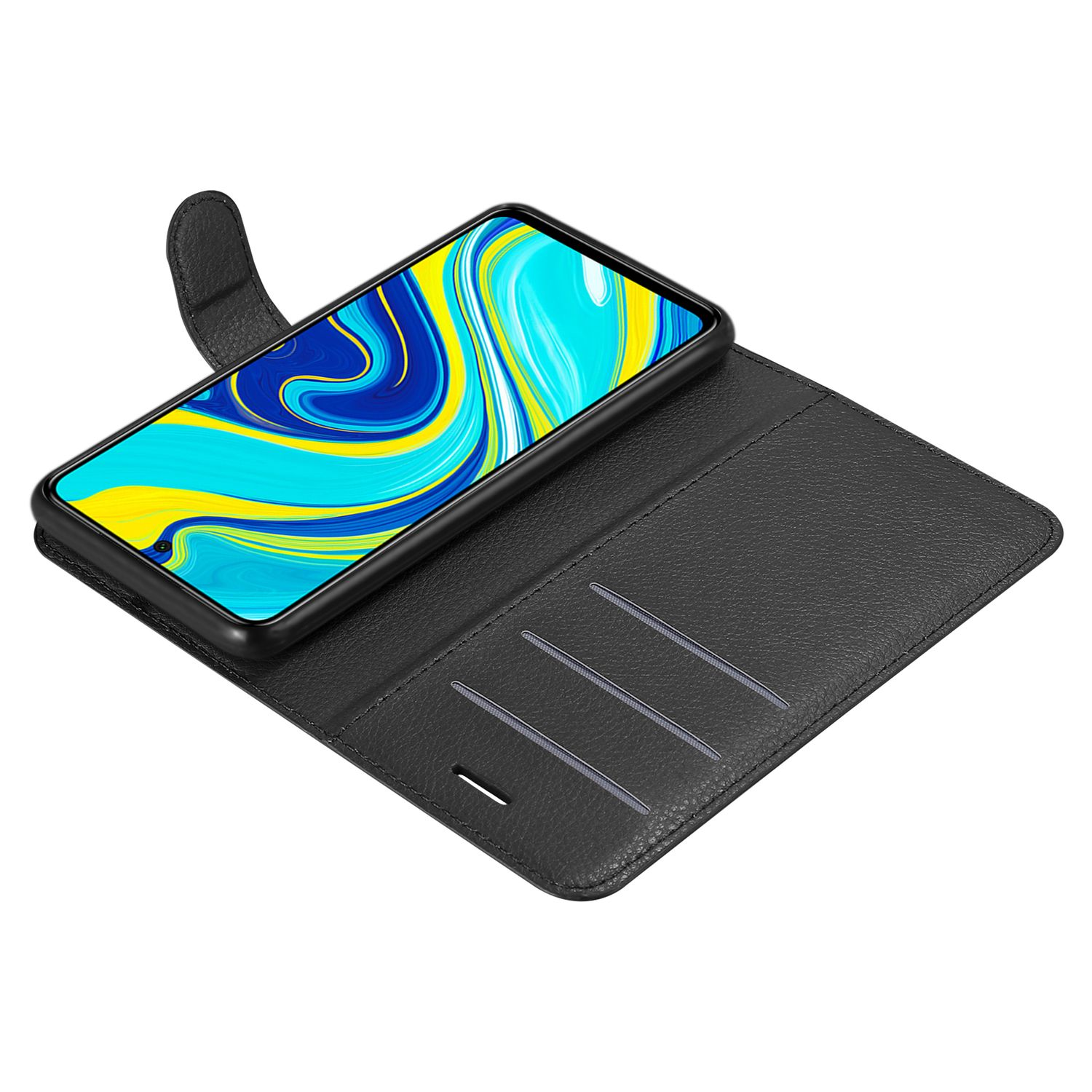 Telefono nero in una custodia a portafoglio in pelle, aperto. Mostra schermo e fessure per carte.