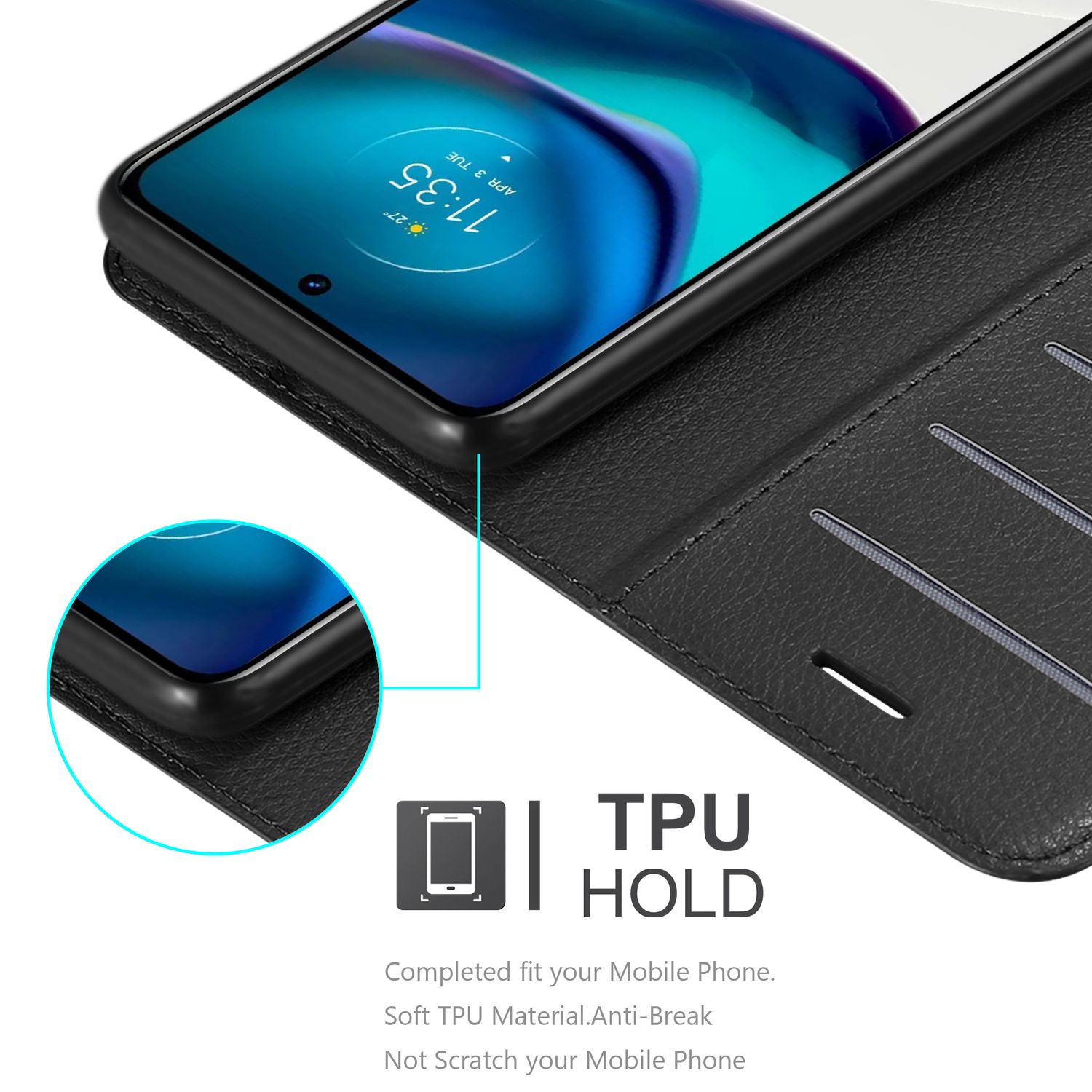 Custodia nera per telefono con un telefono all'interno. La custodia è aperta. Testo: TPU HOLD e altre info sulla custodia.