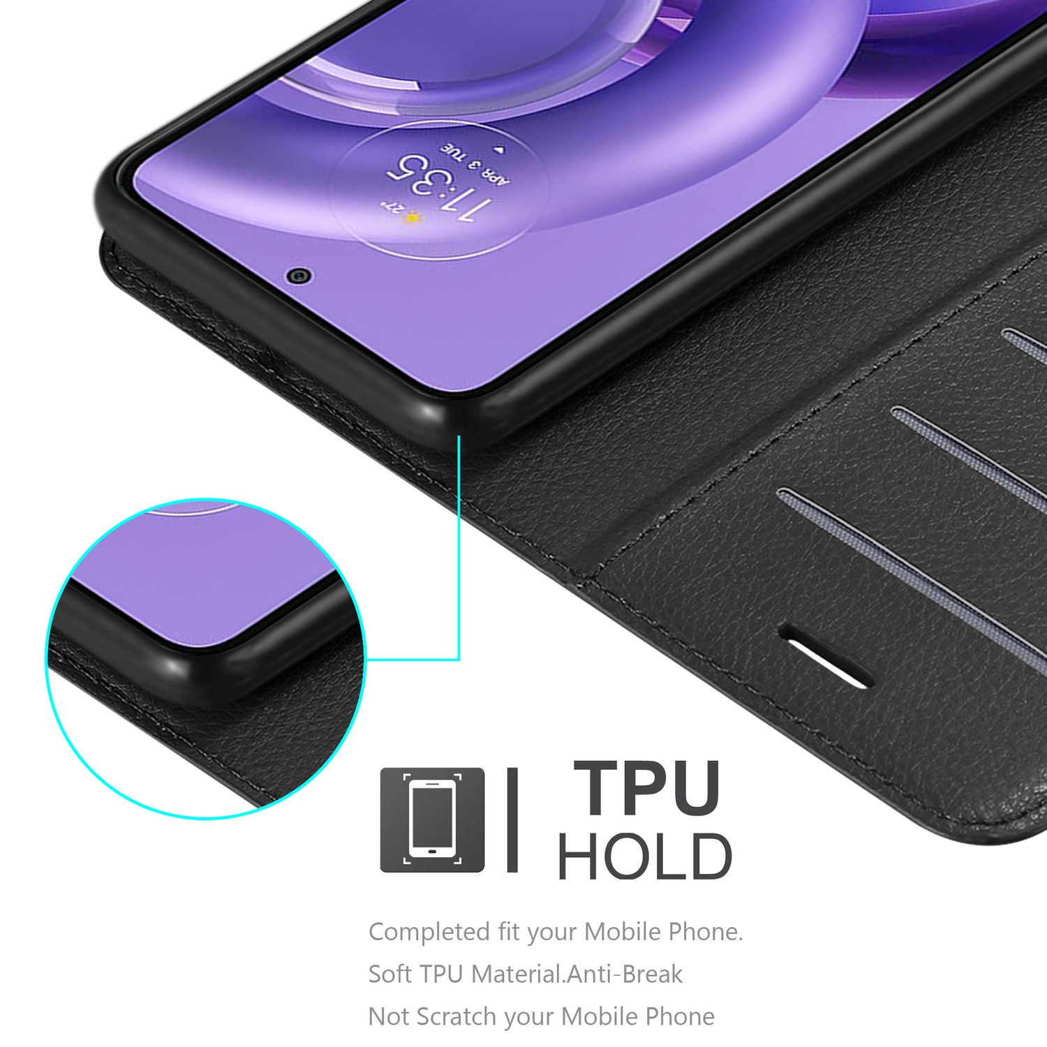 Primo piano di una custodia per telefono con telefono visibile. Testo: TPU HOLD. La custodia è nera.