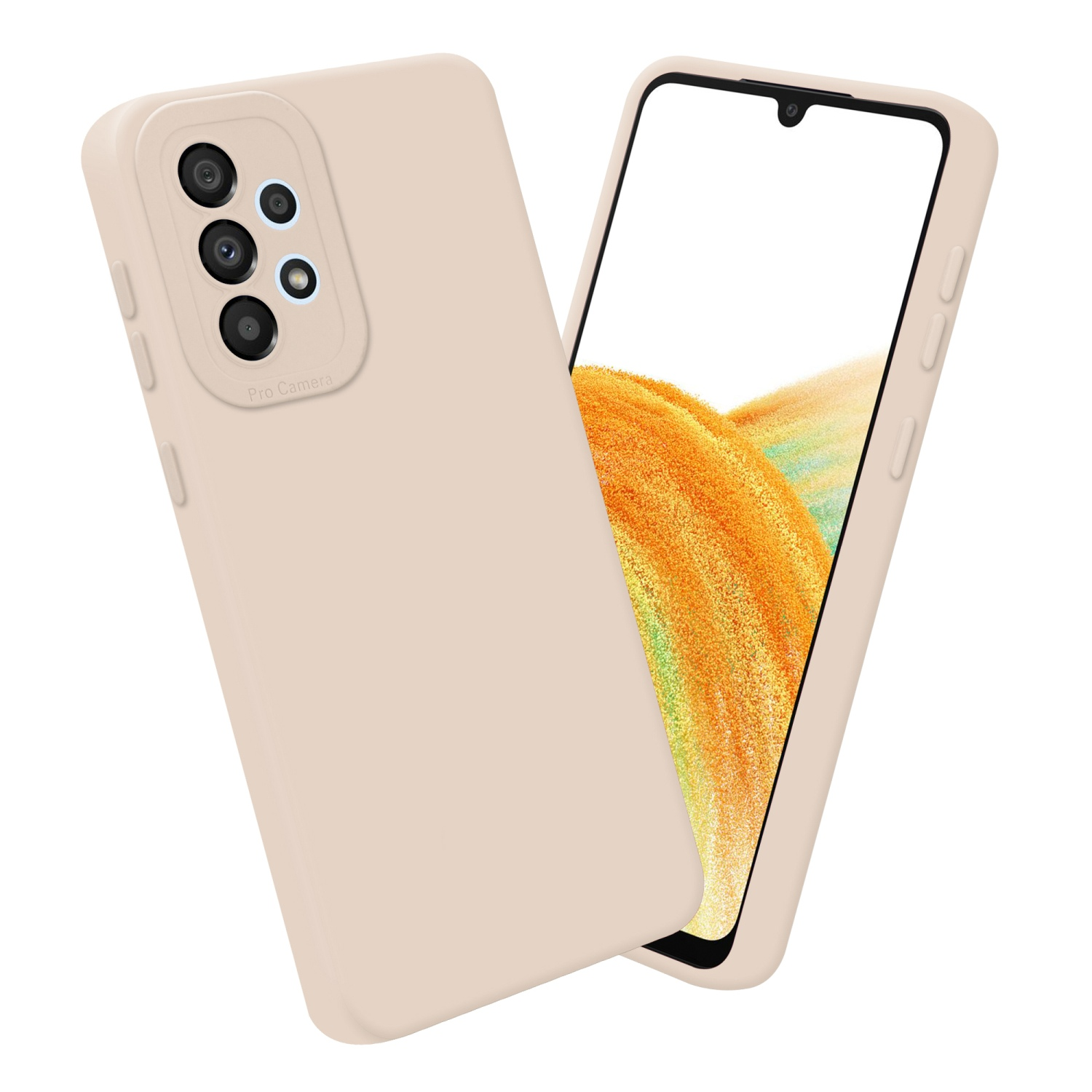 Due custodie per telefono, una con modulo fotocamera e una che mostra lo schermo. Entrambe beige.