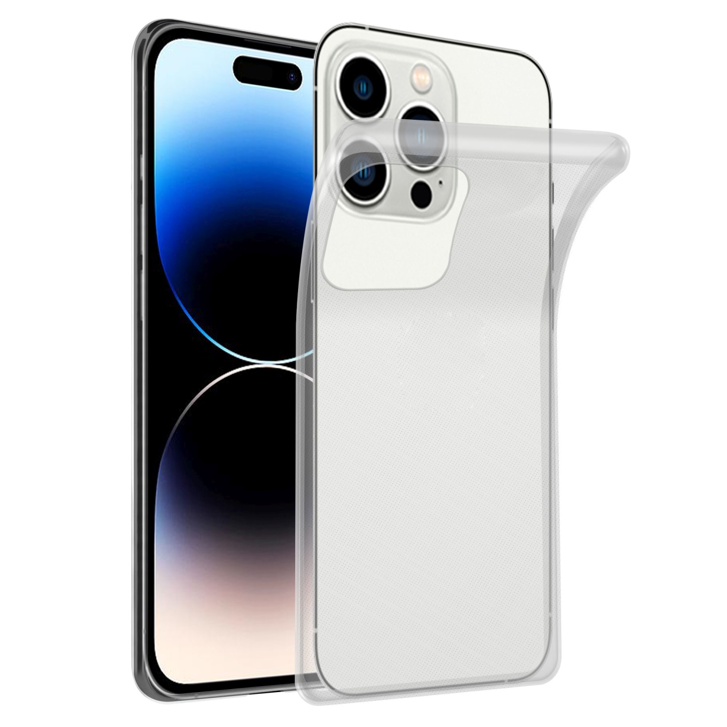 Ein Telefon mit einer durchsichtigen Handyhülle, zeigt die Rückseite des Telefons.