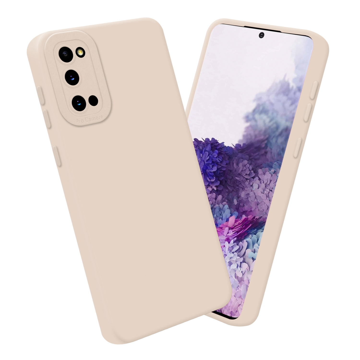 Custodia beige, due parti, con telefono all'interno.