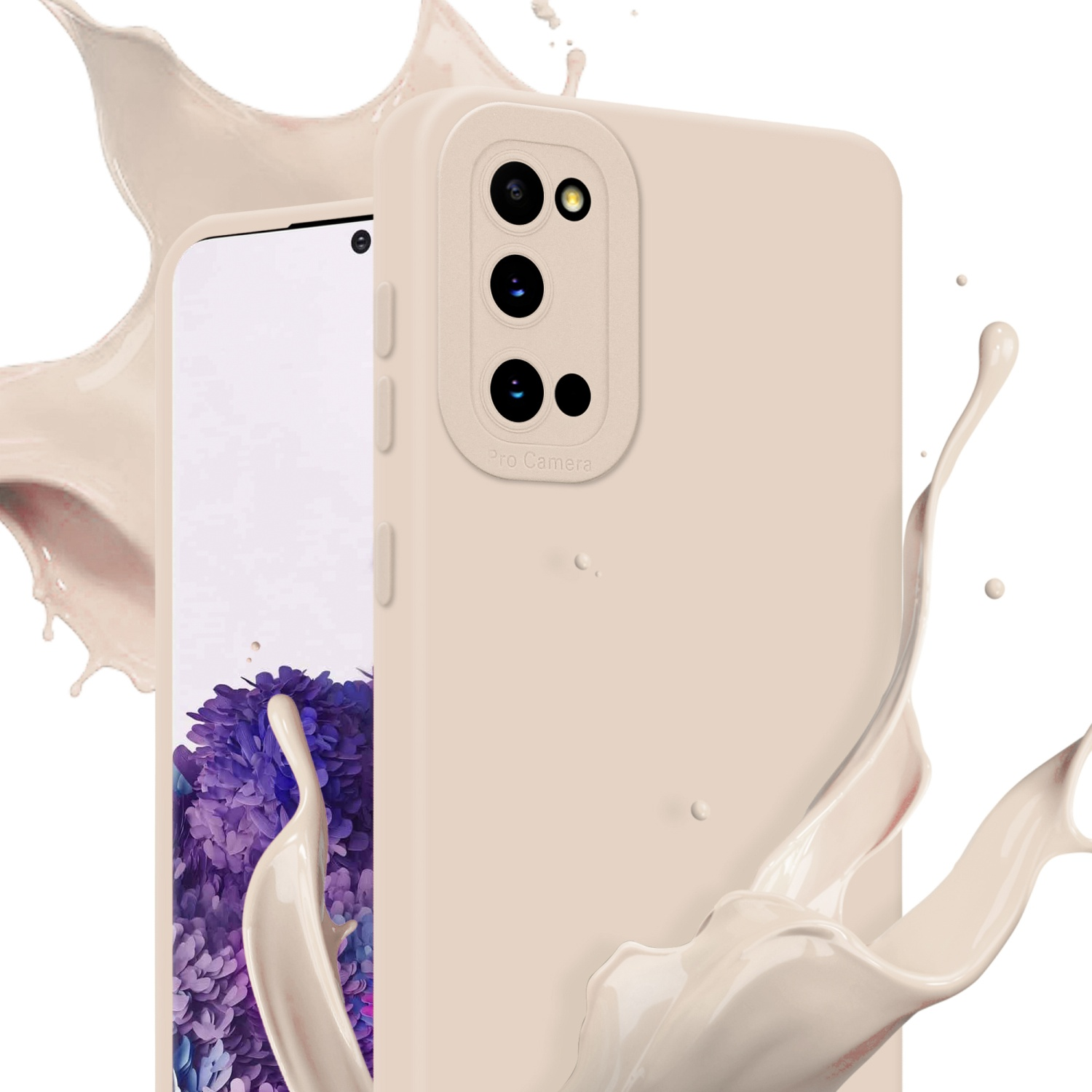 Una custodia per telefono con un telefono all'interno. La custodia è beige, con uno spruzzo di liquido bianco.