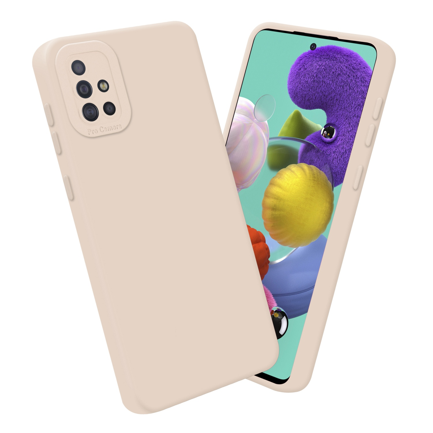 Une coque de téléphone beige et un téléphone avec caméra et écran affichant une image colorée.
