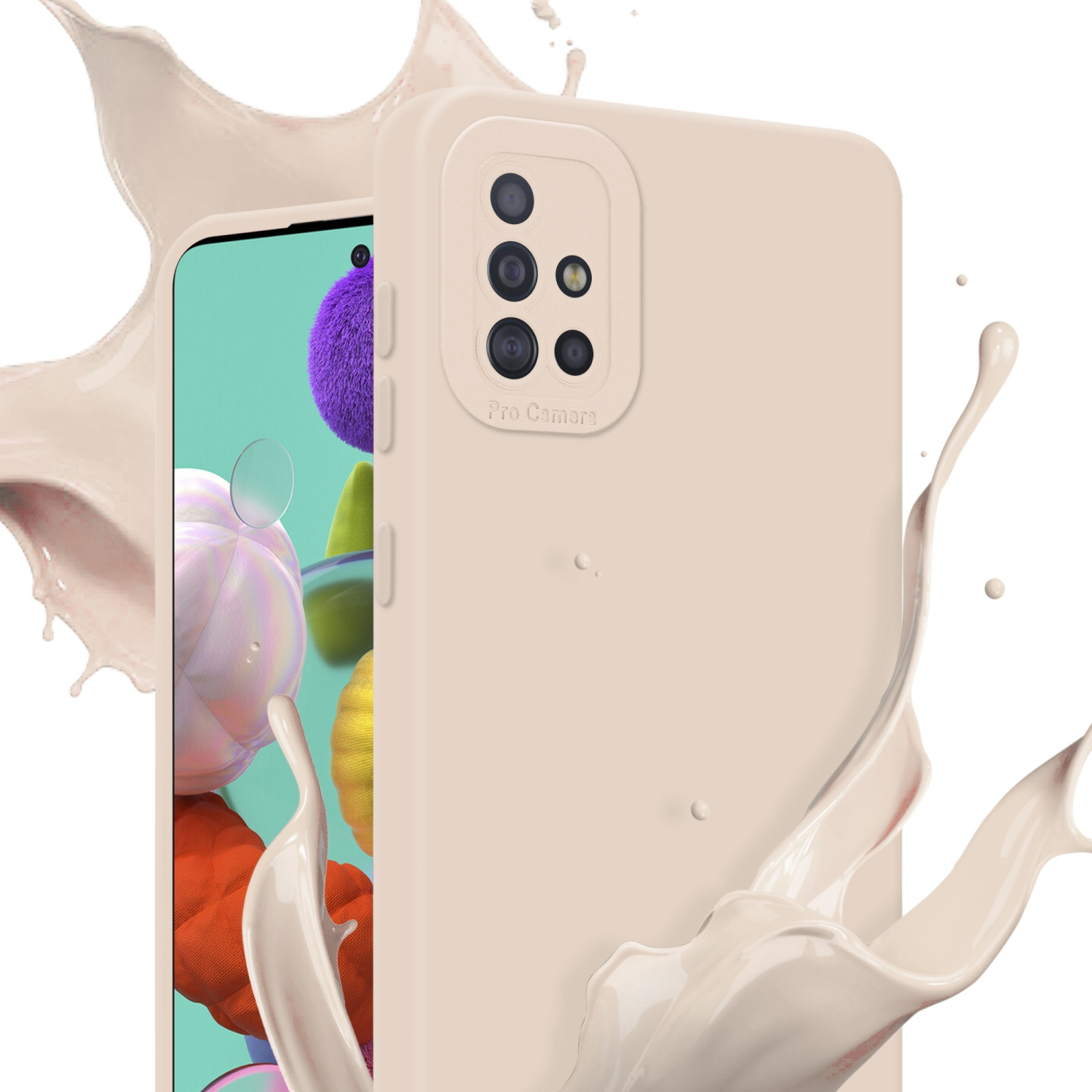 Coque de téléphone beige avec un téléphone. Effet d'éclaboussures de liquide. Pro Caméra visible.