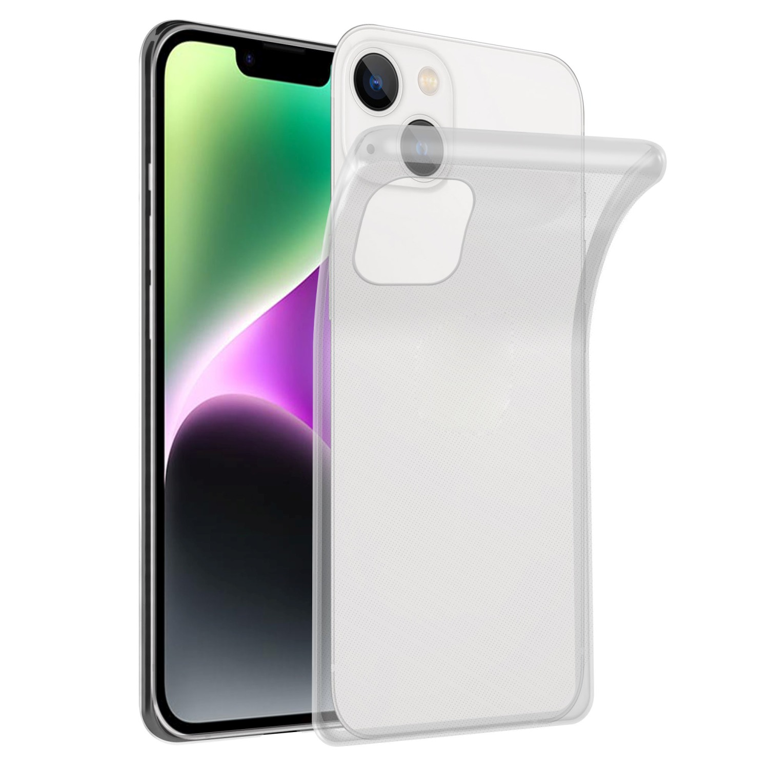 Transparente Handyhülle neben einem schwarzen Telefon. Hülle rechts vom Telefon.