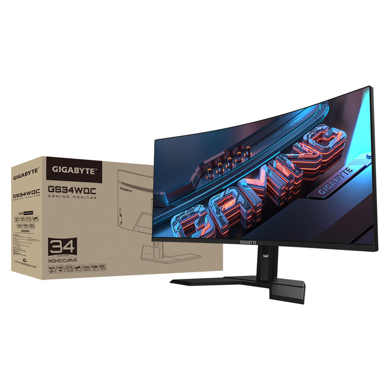 Monitor curvo Gigabyte per gaming con scatola, supporto nero e sfondo bianco.