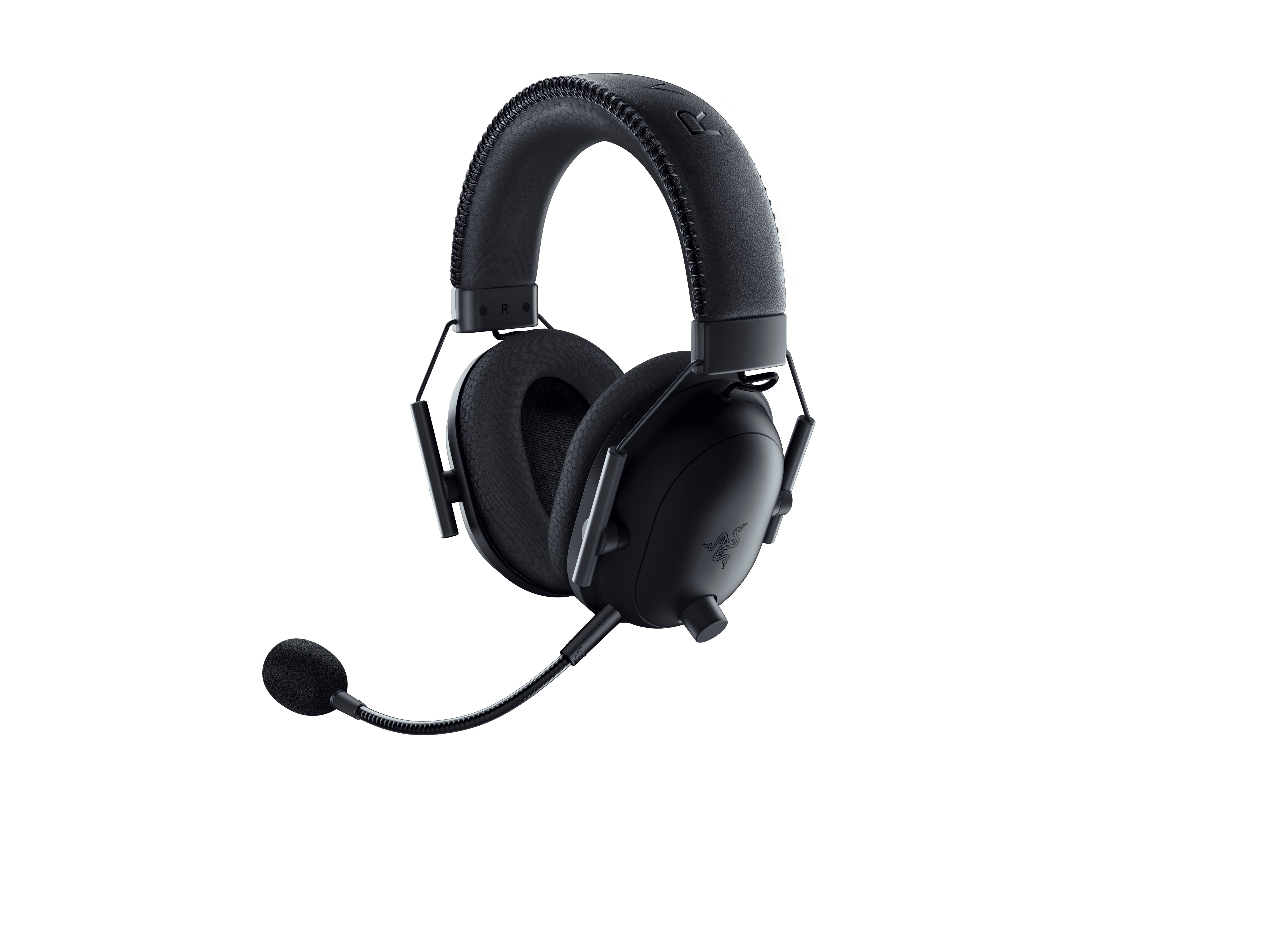 Czarne słuchawki dla graczy Razer z mikrofonem i logo Razer na białym tle.