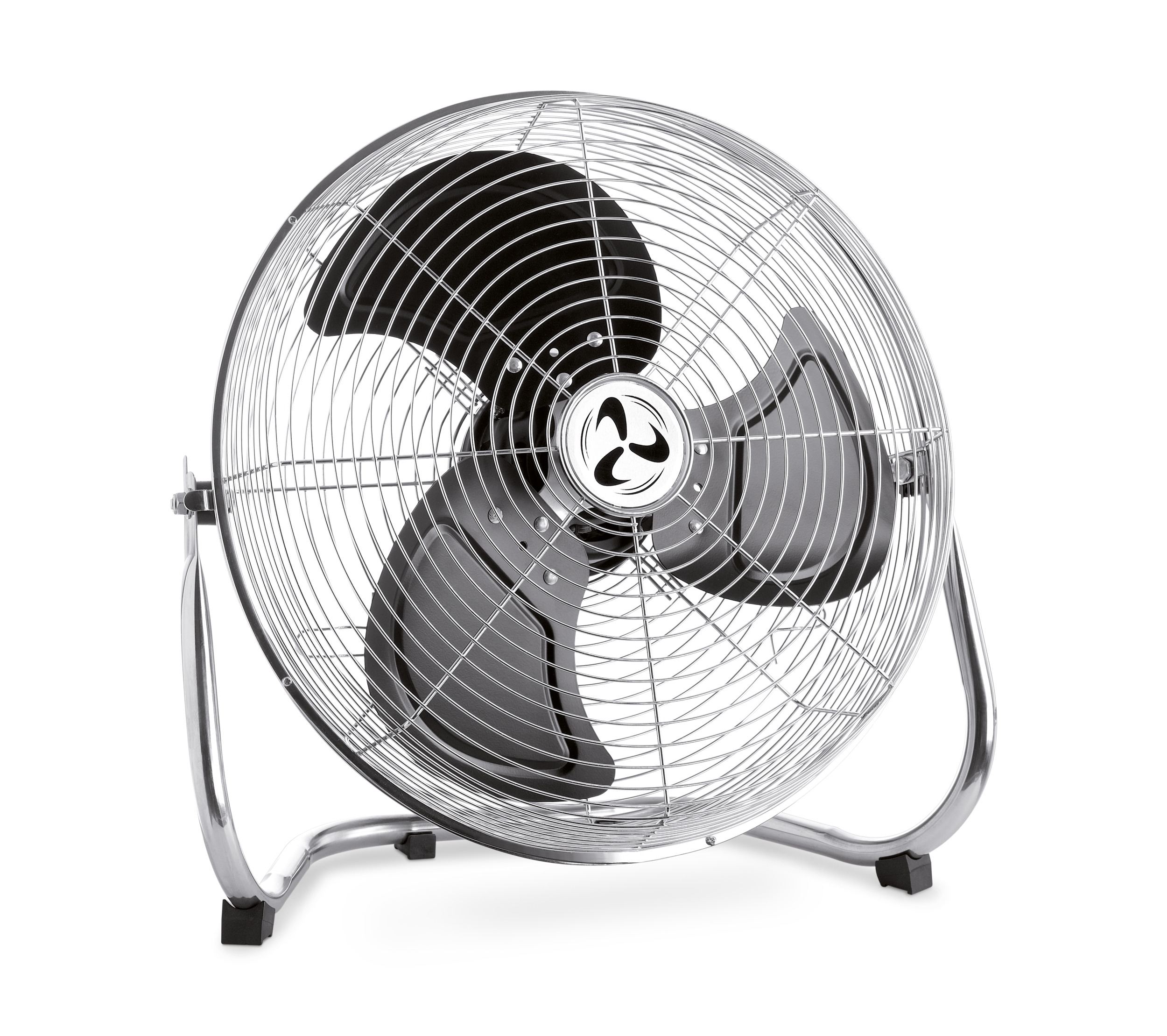 Ventilatore argento e nero. Gabbia metallica. Tre pale. Forma circolare.