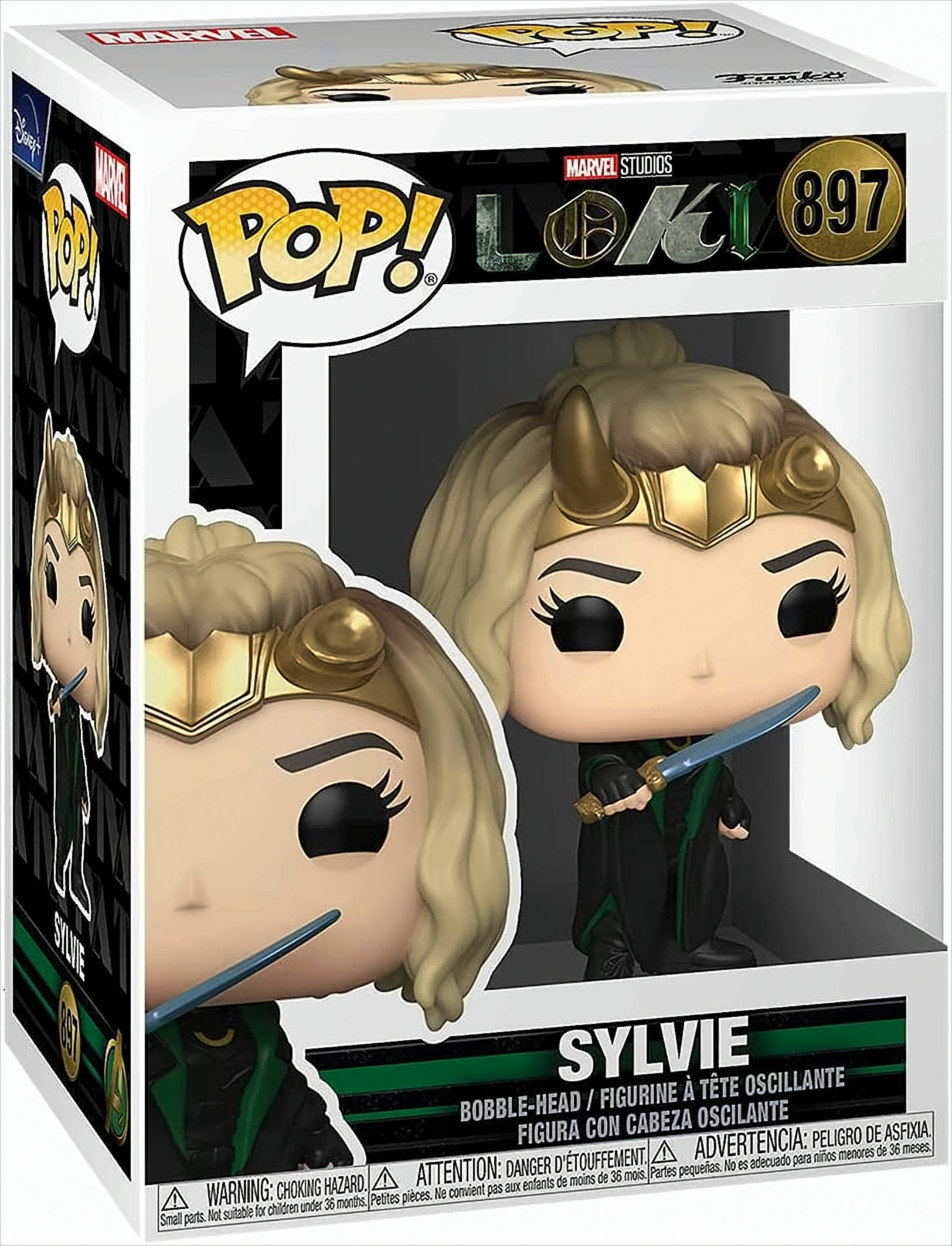 Verpackte Sylvie Funko Pop Figur, mit einer weiblichen Figur mit blonden Haaren und einem Schwert.
