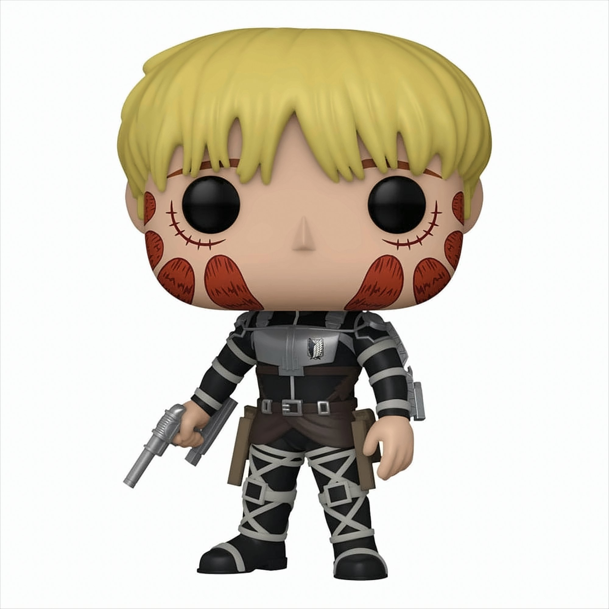 Funko Pop-Figur eines Charakters mit blonden Haaren, einer Pistole und roten Flecken im Gesicht.