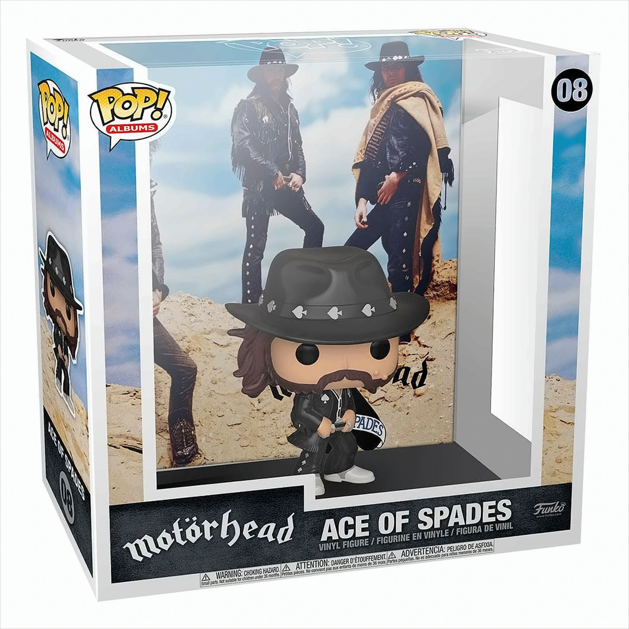 Eine Motörhead 'Ace of Spades' Funko Pop Figur in einer Displaybox, die die Band vor einer Wüstenkulisse zeigt.