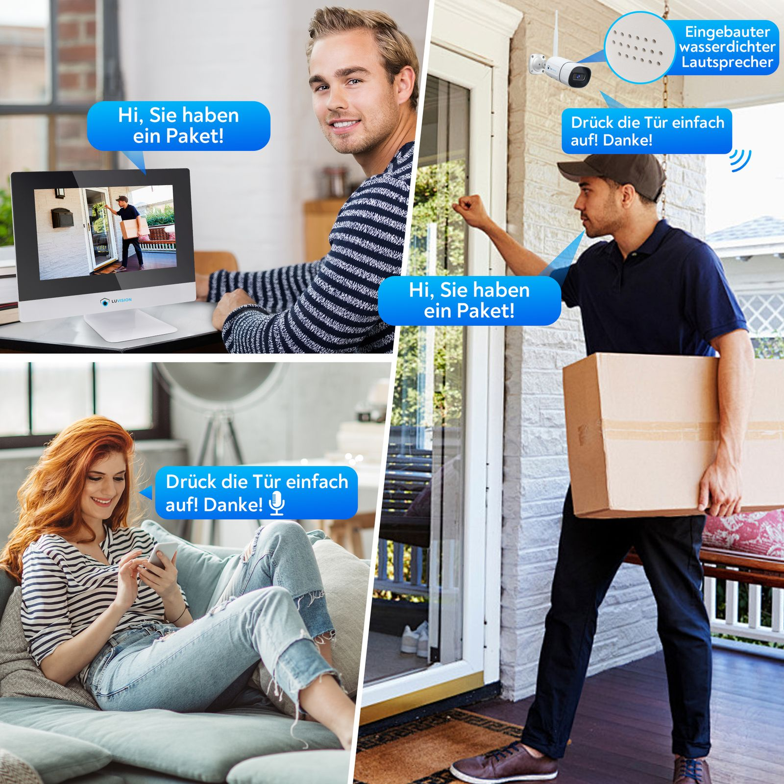 Szenen mit Menschen und Textblasen. Eine Person am Computer. Ein Lieferant. Eine Frau am Telefon.