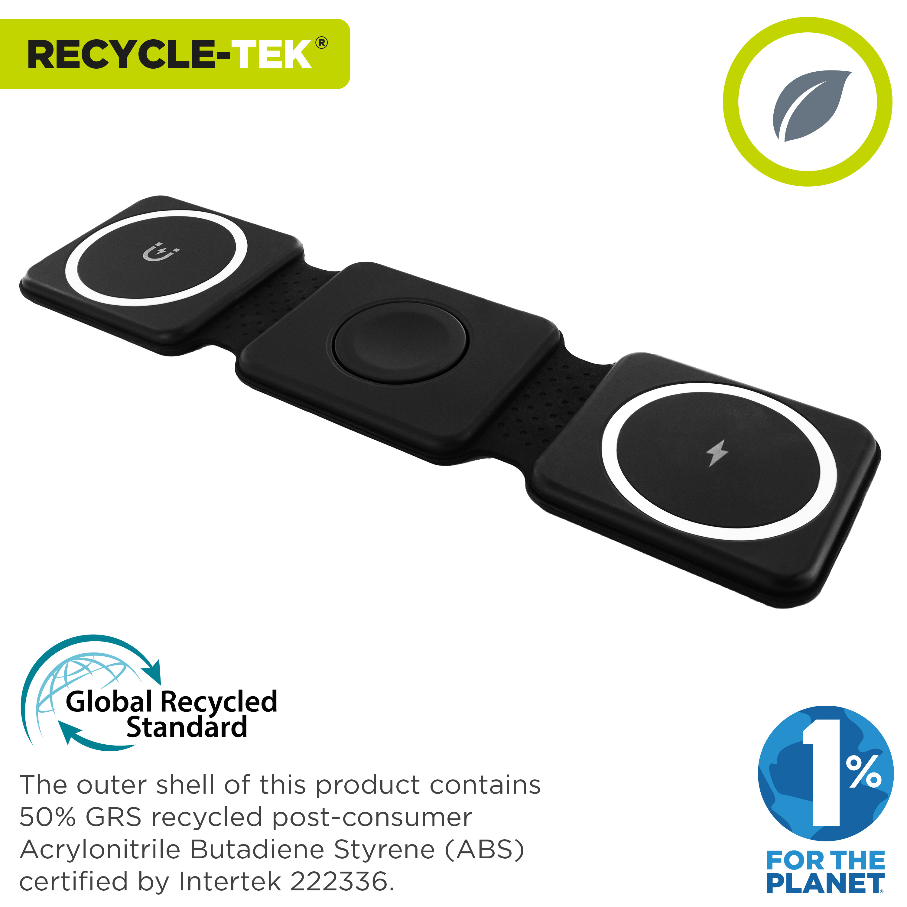 Base de carga inalámbrica negra con tres puntos de carga. El texto dice que utiliza materiales reciclados.