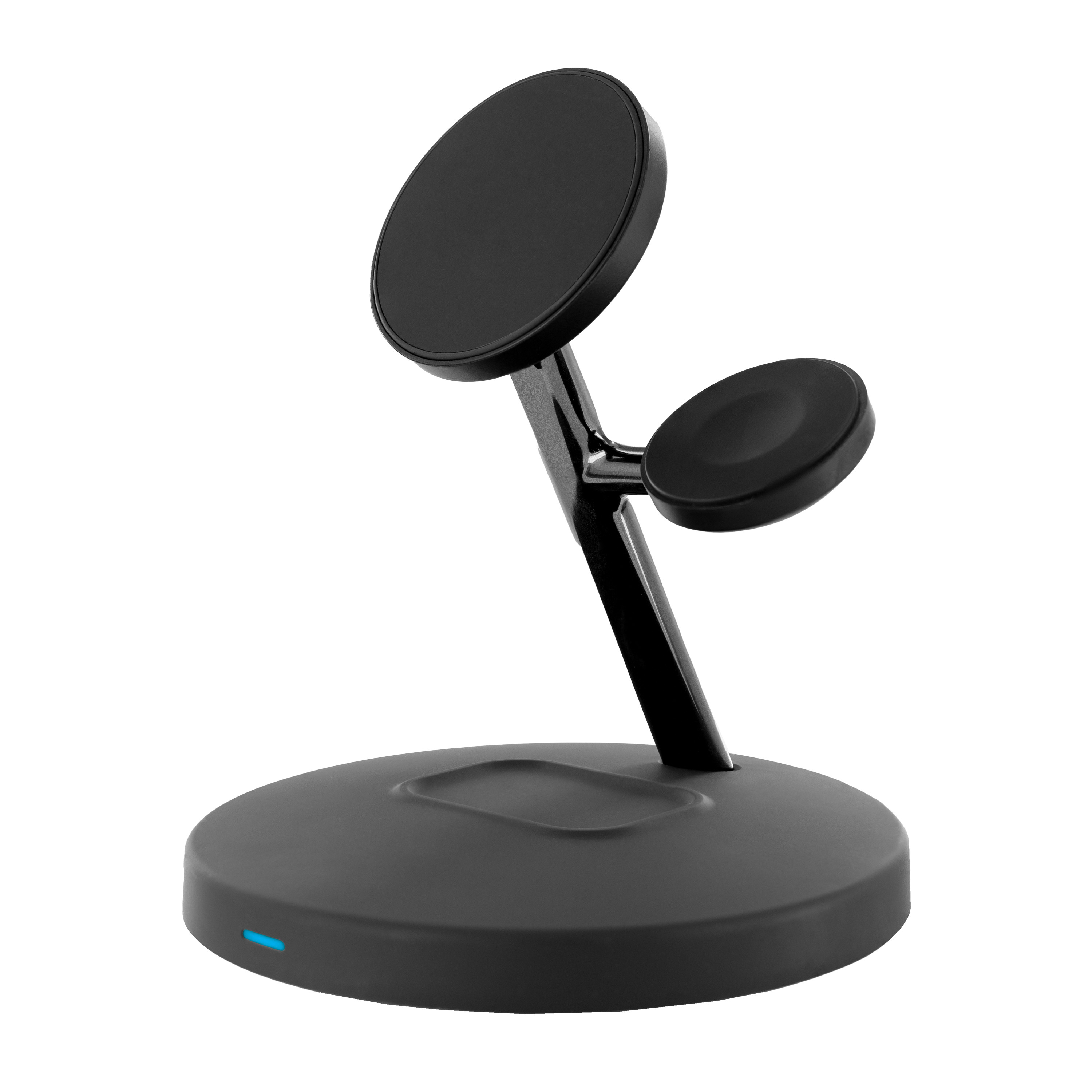Un soporte de cargador inalámbrico negro con dos almohadillas de carga y una base circular. Una luz azul es visible en la base.
