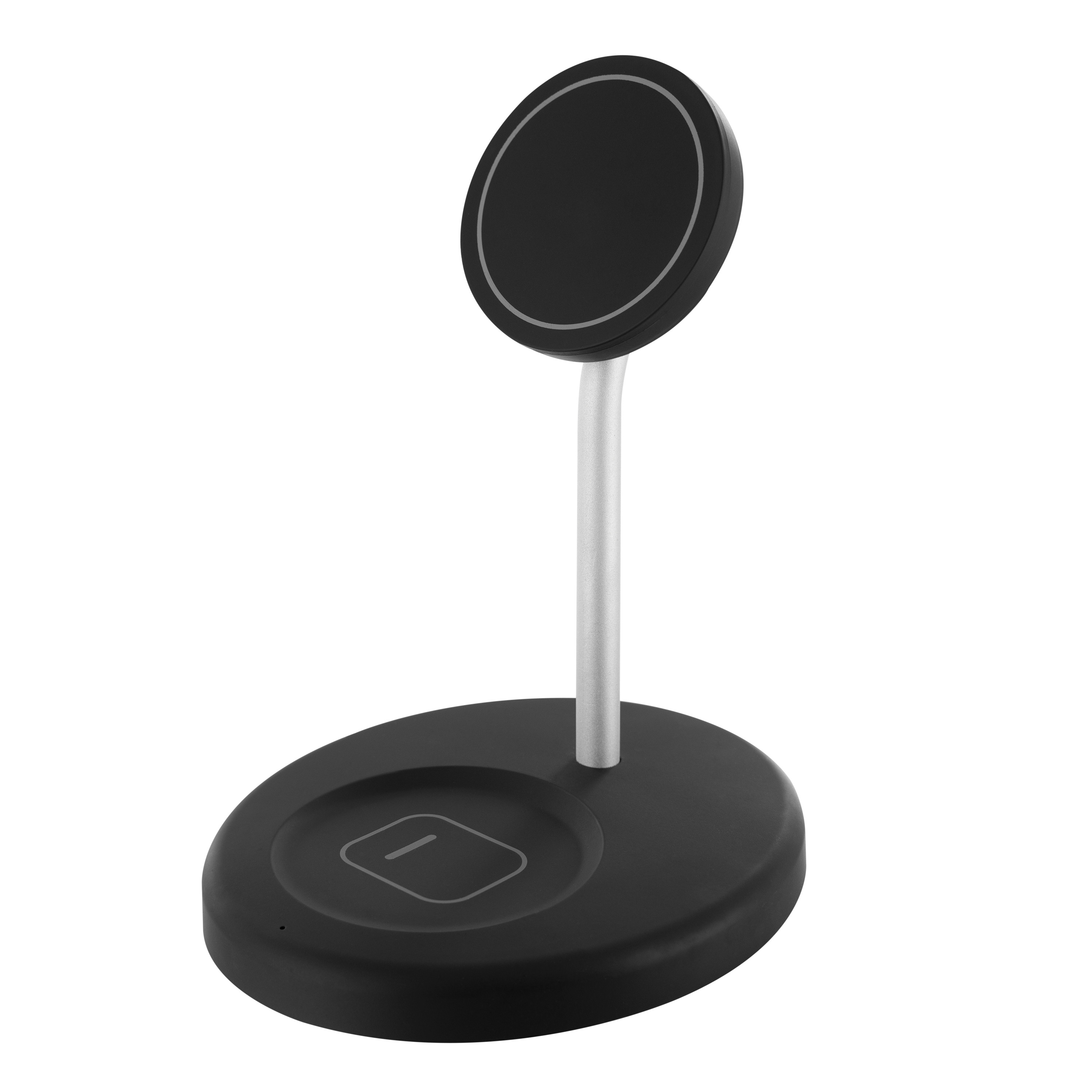 Soporte de carga para teléfono negro y plateado. Un disco negro sobre un poste plateado sobre una base negra.
