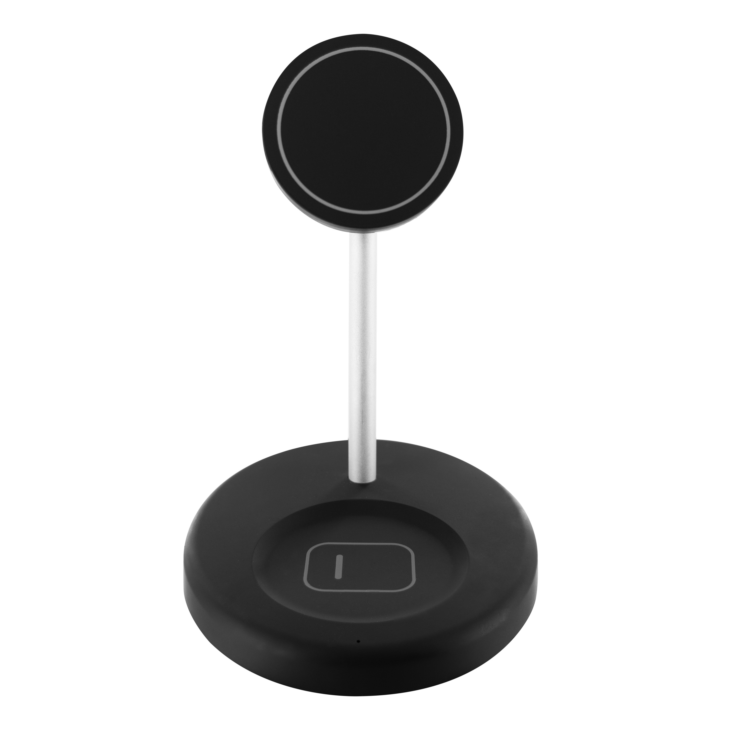 Base de carga inalámbrica negra con plataforma circular.