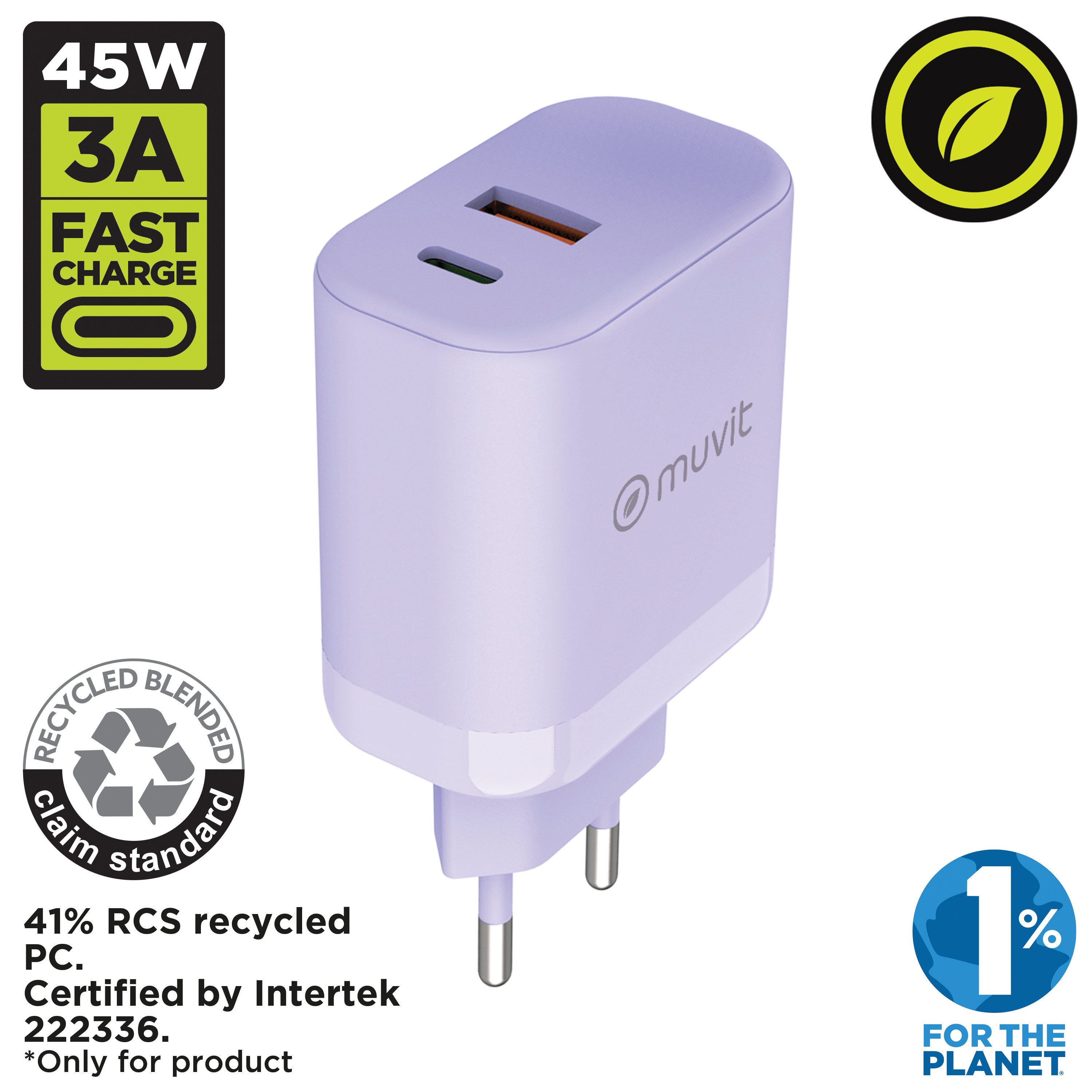 Cargador de pared lavanda con dos puertos USB y texto "45W 3A Carga Rápida" y logotipos.