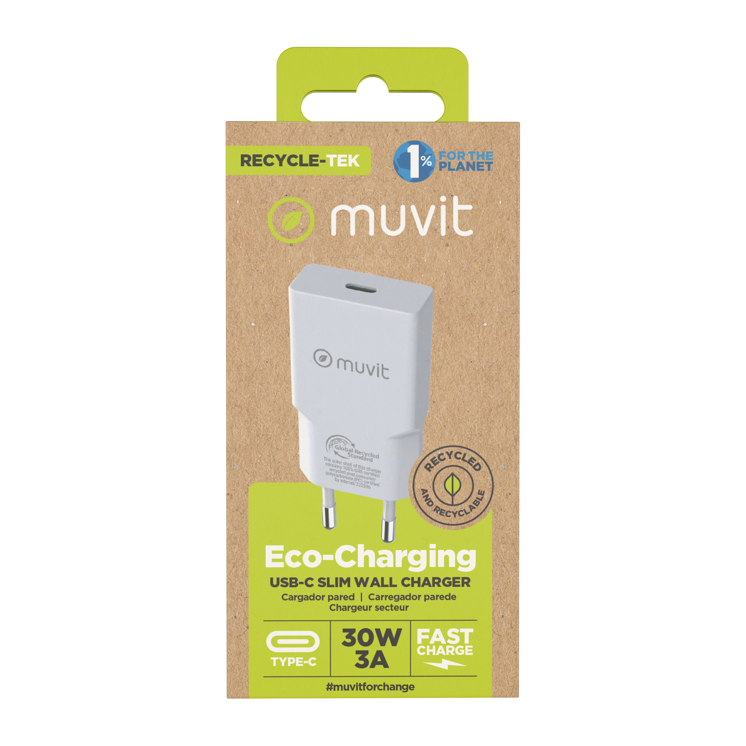 Caja de cargador blanco con enchufe, logo 'muvit' y texto 'Eco-Charging'.