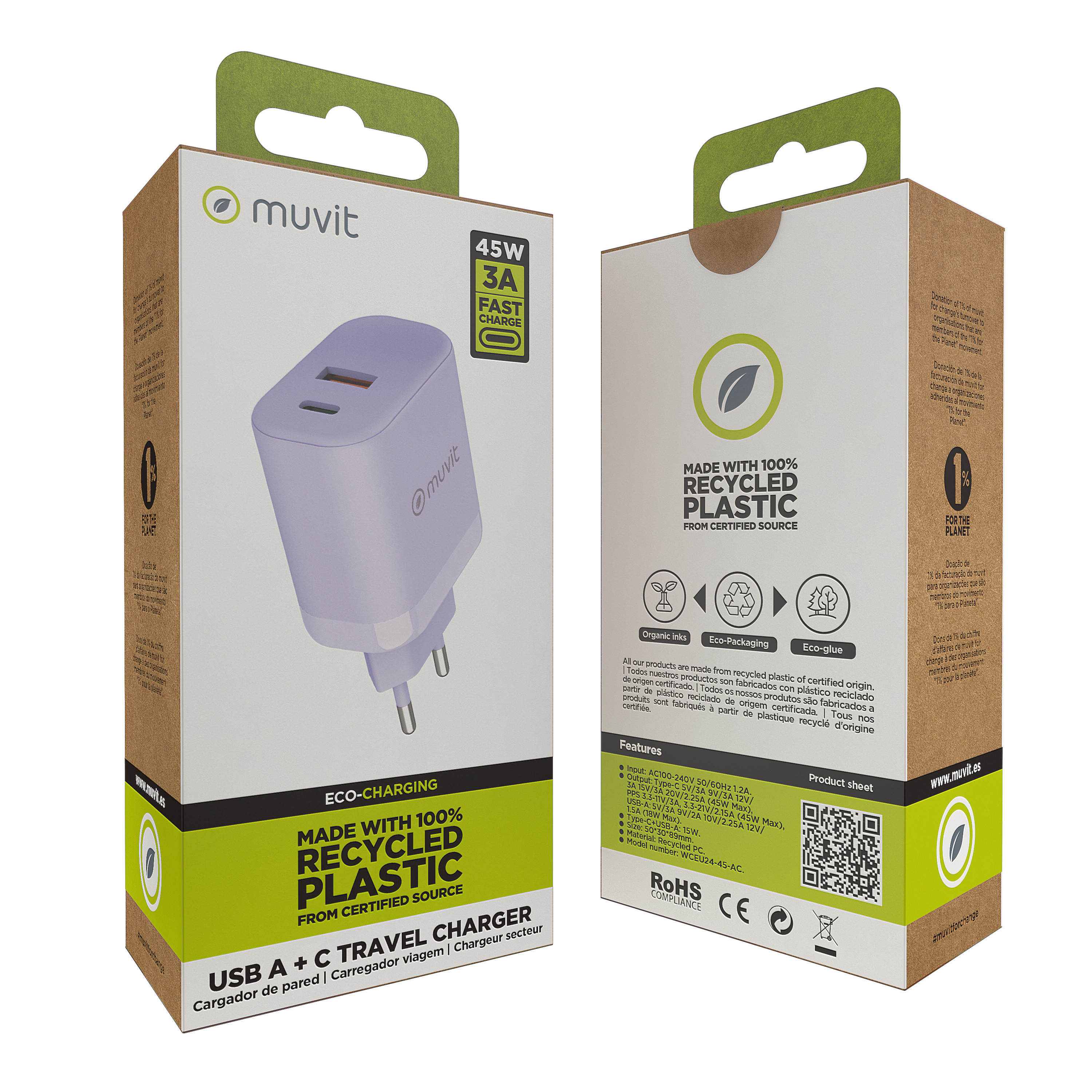 Caja de cargador con dos puertos USB, hecha de plástico reciclado. Diseño ecológico.
