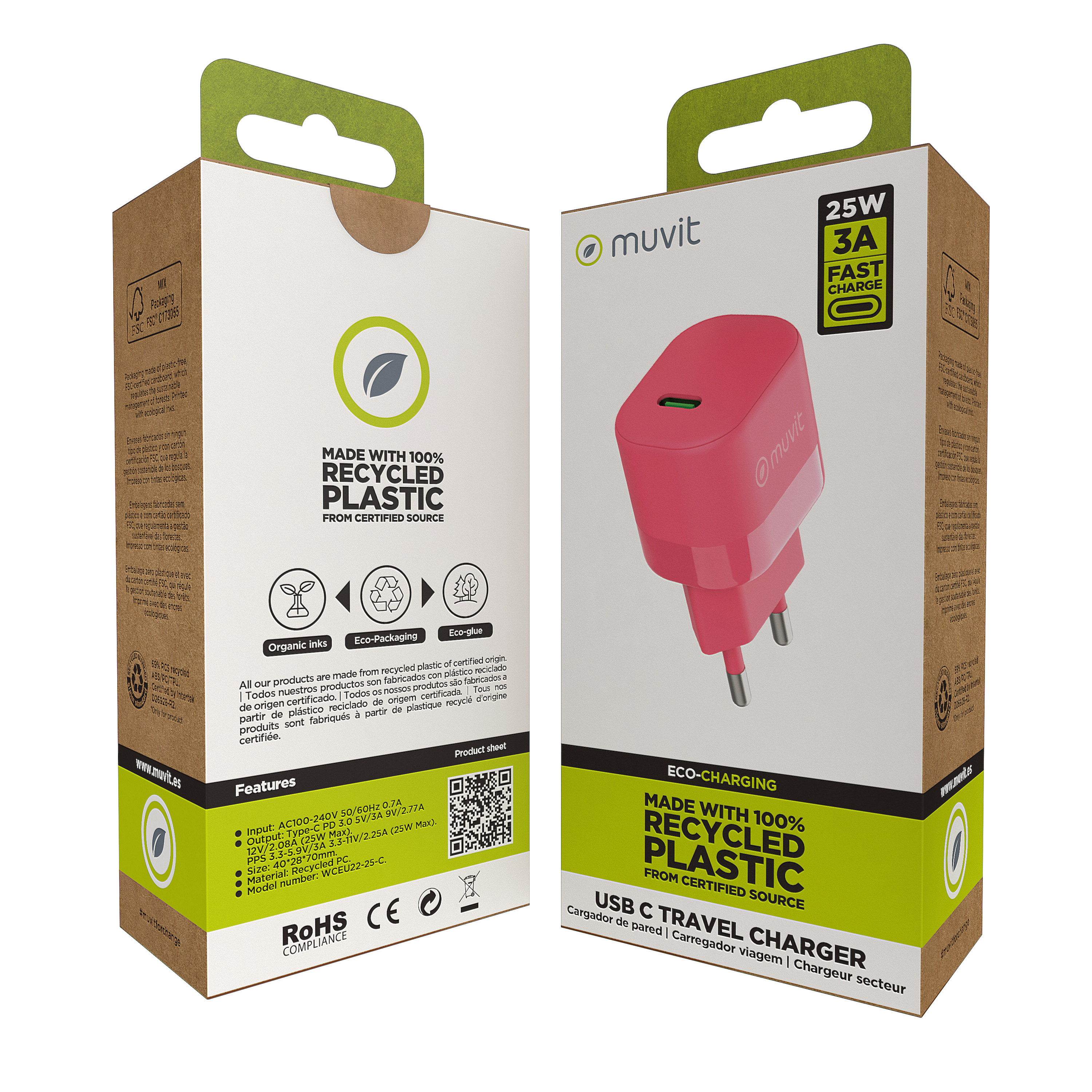 Cargador de viaje USB C Eco-charging, rosa, fabricado con plástico 100% reciclado.