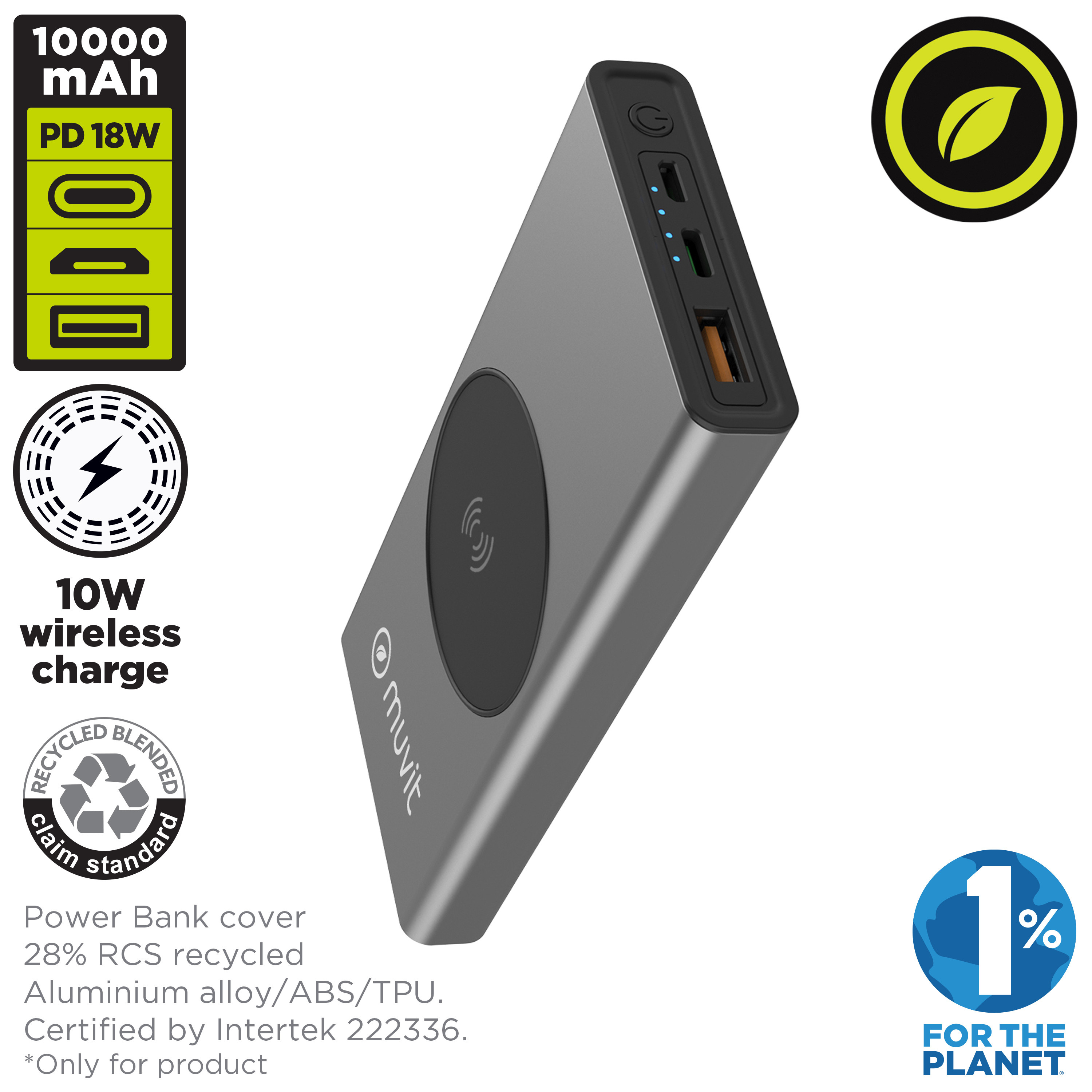 Power bank plateada con detalles y logotipos negros. Tiene iconos y texto sobre capacidad y características.
