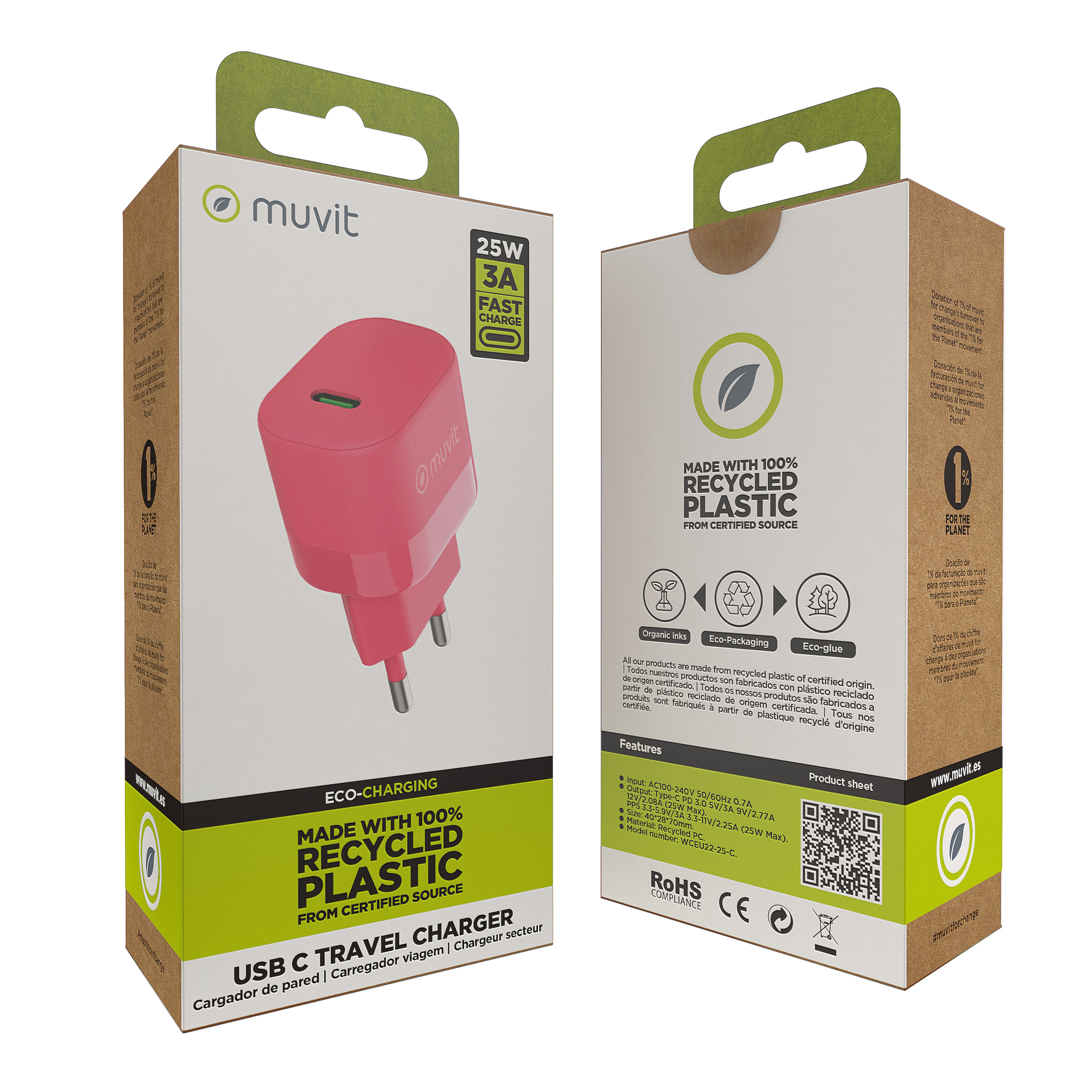 Dos cajas de un cargador de viaje USB C. Las cajas son rosas y blancas y tienen detalles verdes.